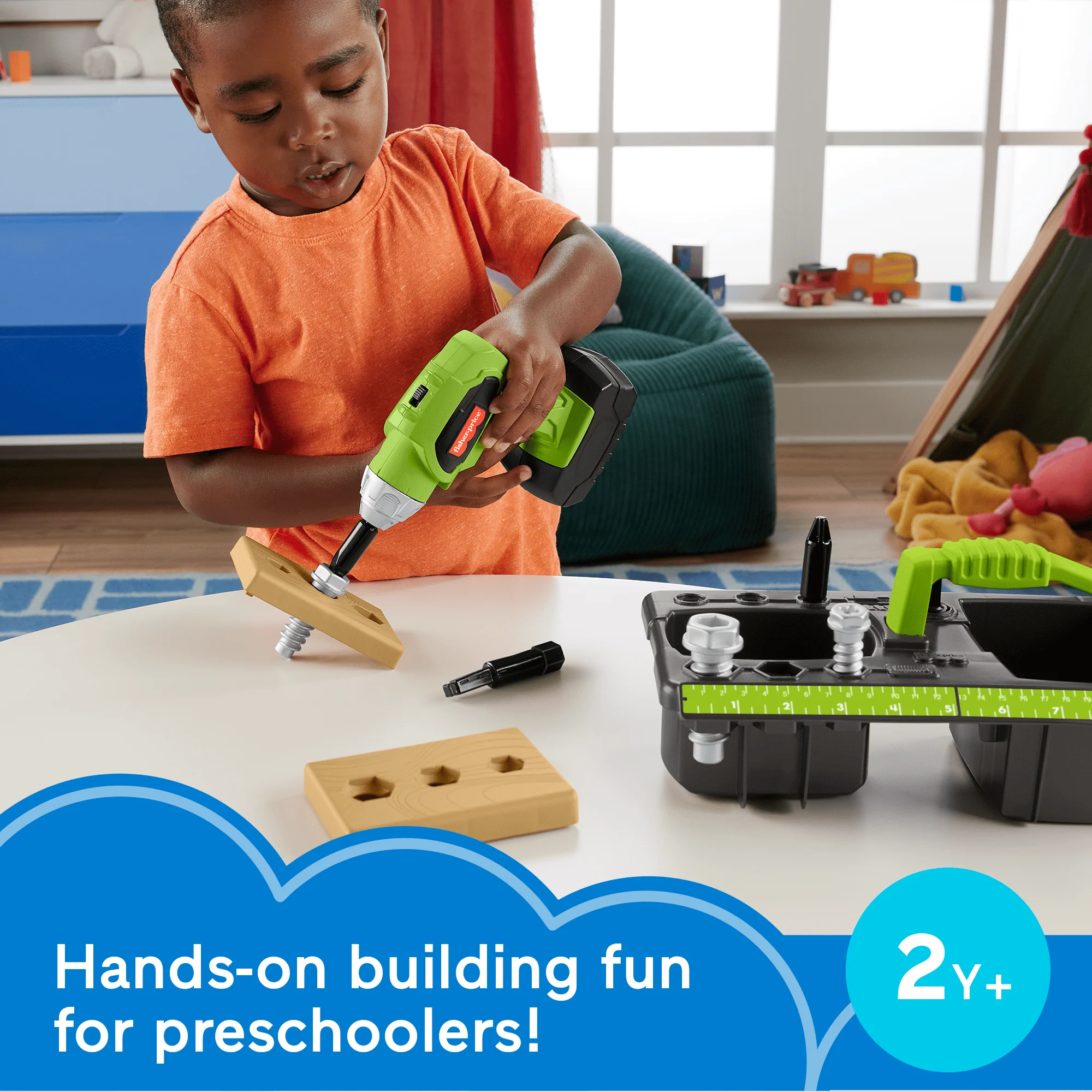 Fisher-Price Drillin’ Action Tool Set Pretend Construction Toys With Sounds, 10-Piece Preschool Toy