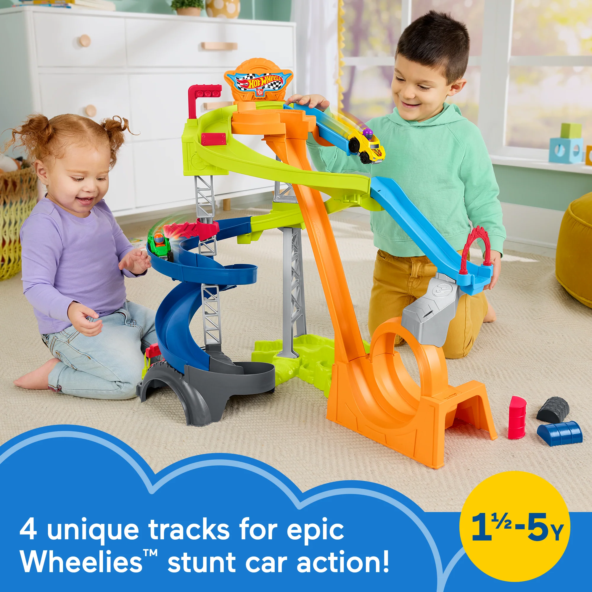 Little People Hot Wheels Spiral Stunt Speedway Toddler Race Track Playset, 2 Toy Cars