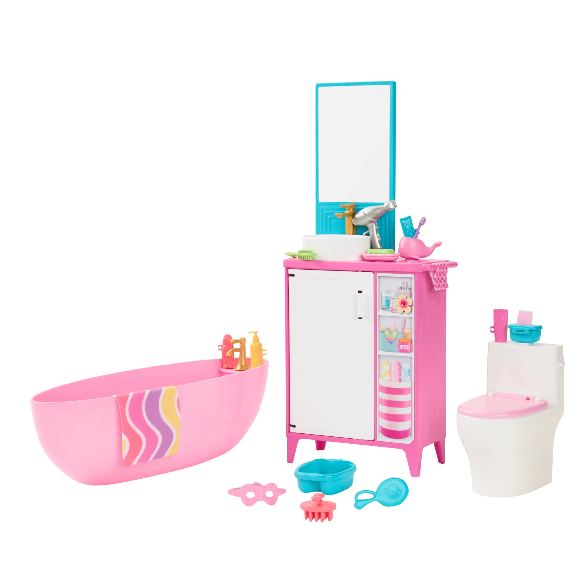 Barbie World Bathtime Toy Playset With 19 Dollhouse Accessories including Bathtub, Toilet, & Vanity