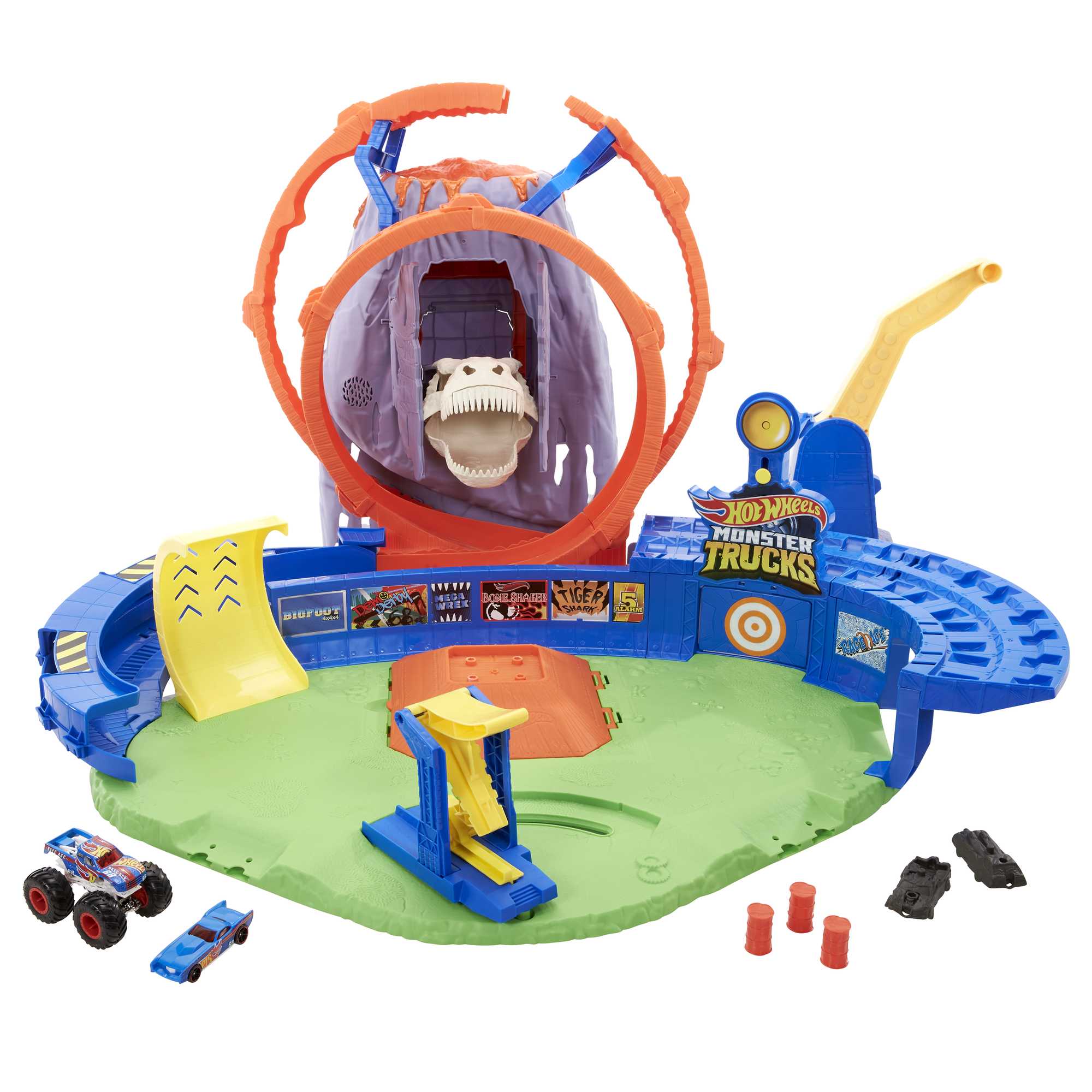 Hot Wheels Monster Trucks, 1:64 Scale Race Ace Toy Truck And Volcano Playset