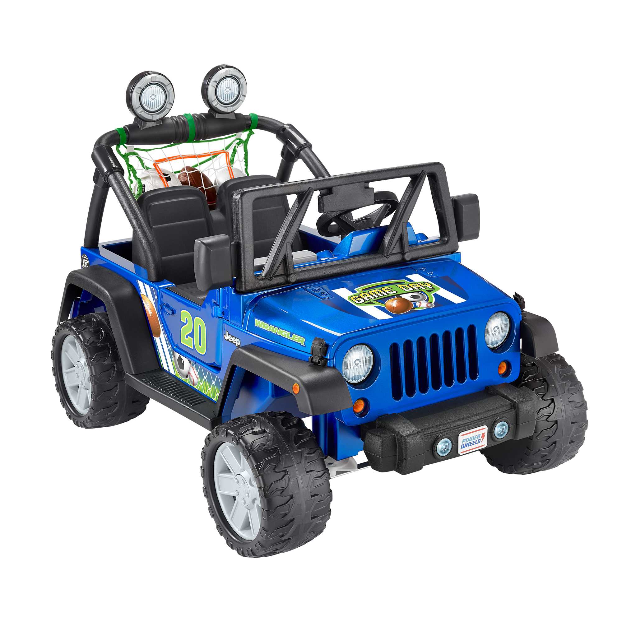 Power Wheels Gameday Jeep Wrangler Ride-On Toy With Sounds, Sports Net & 3 Balls, Preschool Toy