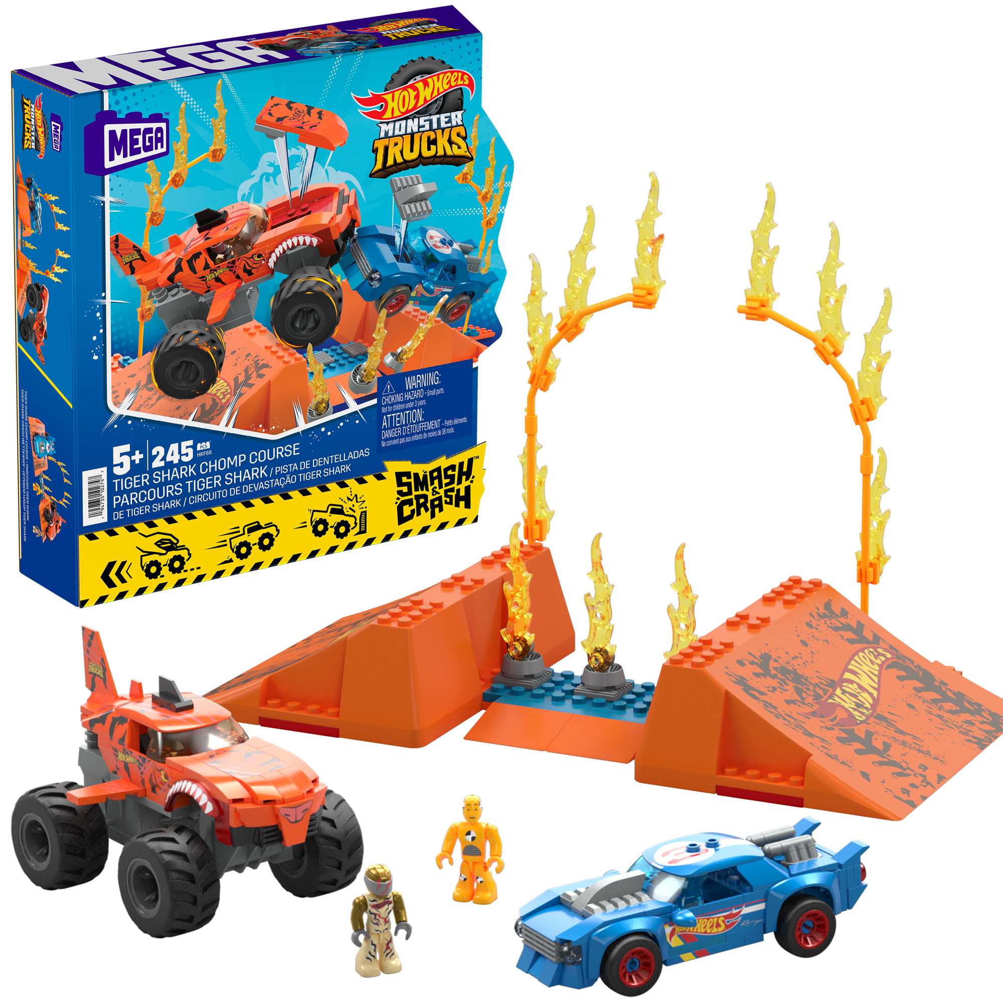 MEGA Hot Wheels Smash n Crash Tiger Shark Chomp Coursmonster Truck Building Set (226 Pcs)