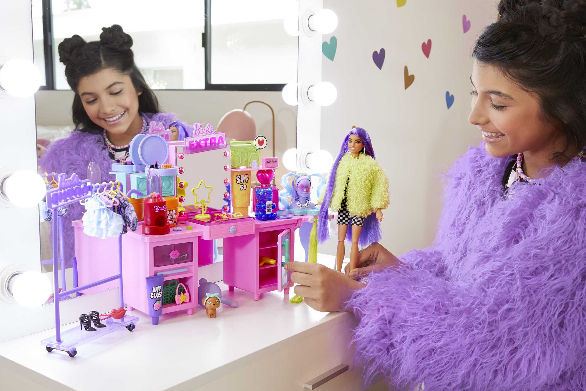 Barbie Extra Doll & Vanity Playset With Exclusive Doll, Pet Puppy, Vanity & 45+ Pieces