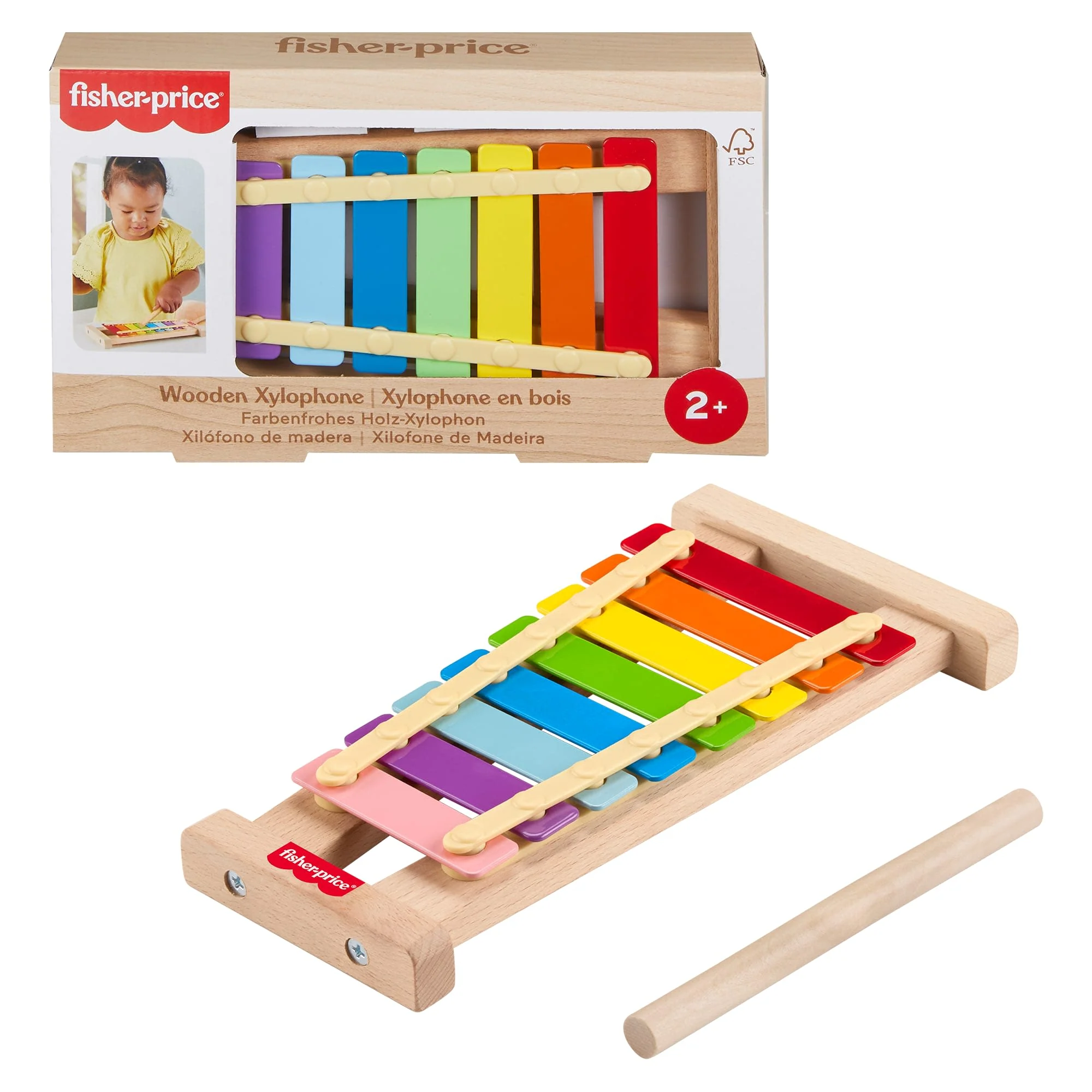 Fisher-Price Wooden Xylophone, Musical Instrument Toy For Toddlers, 2 Wood Pieces