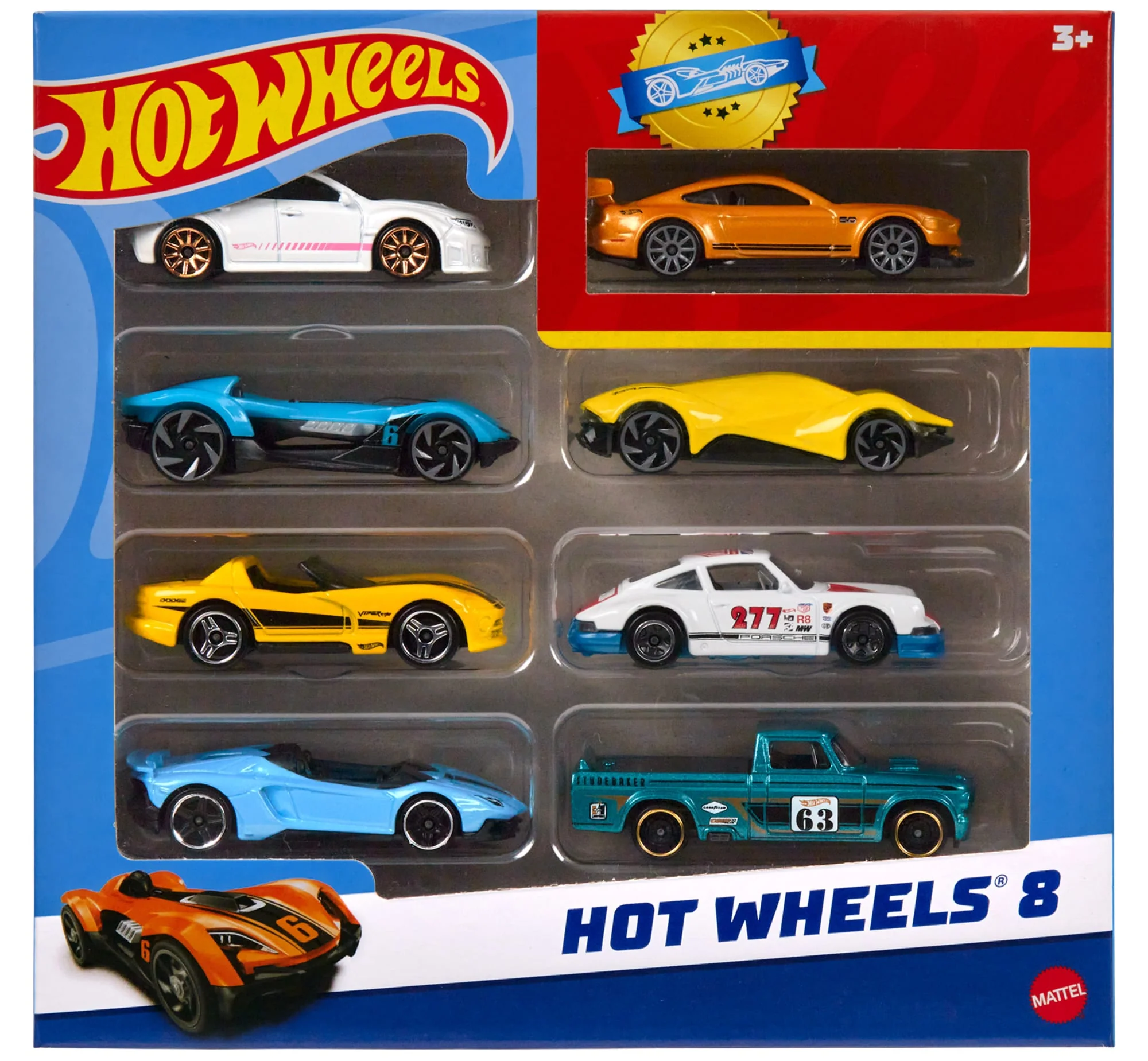 Hot Wheels Set Of 8 Basic Toy Cars & Trucks in 1:64 Scale Including 1 Exclusive Car, Styles May Vary