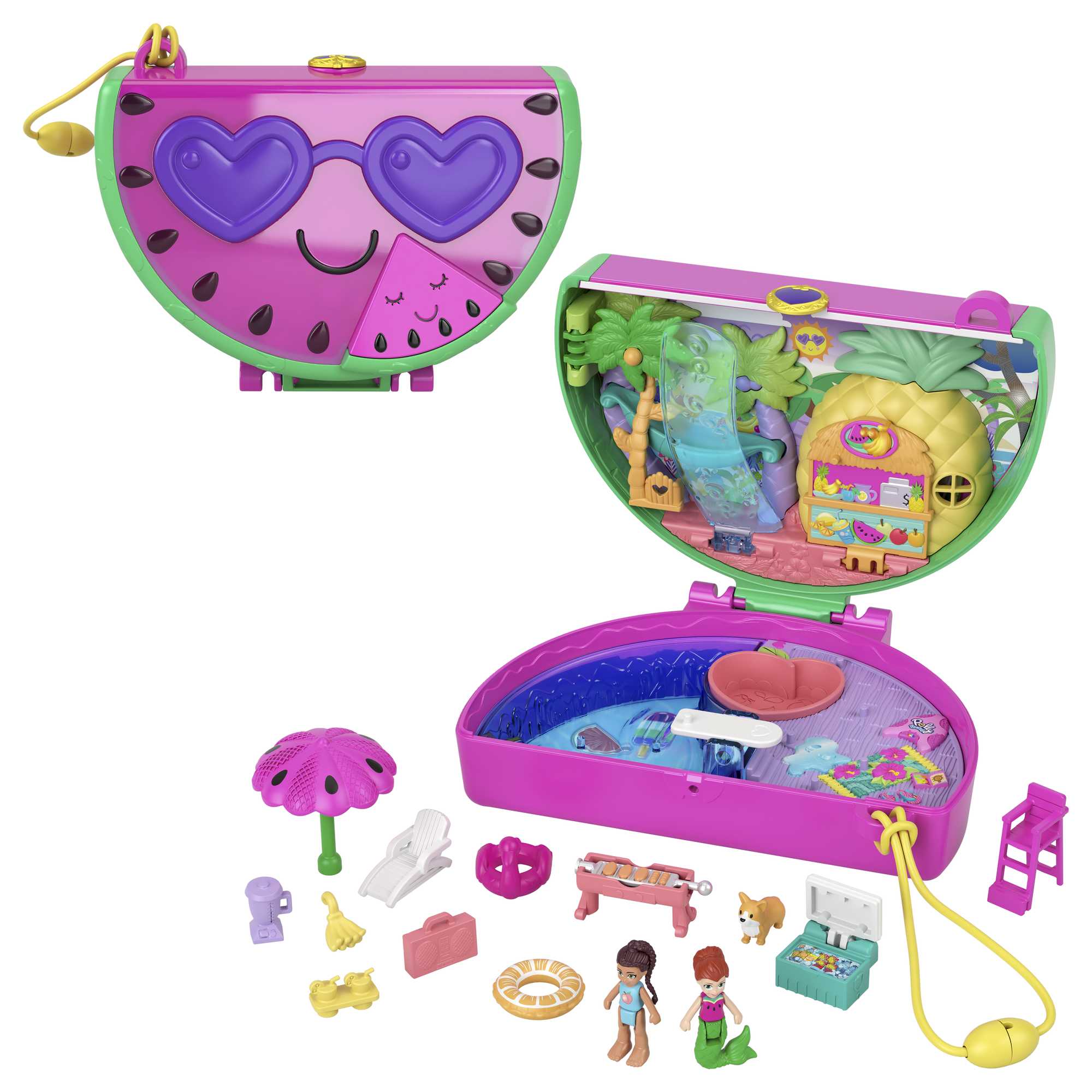 Polly Pocket Watermelon Pool Party Compact Playset With 2 Dolls & 12 Accessories