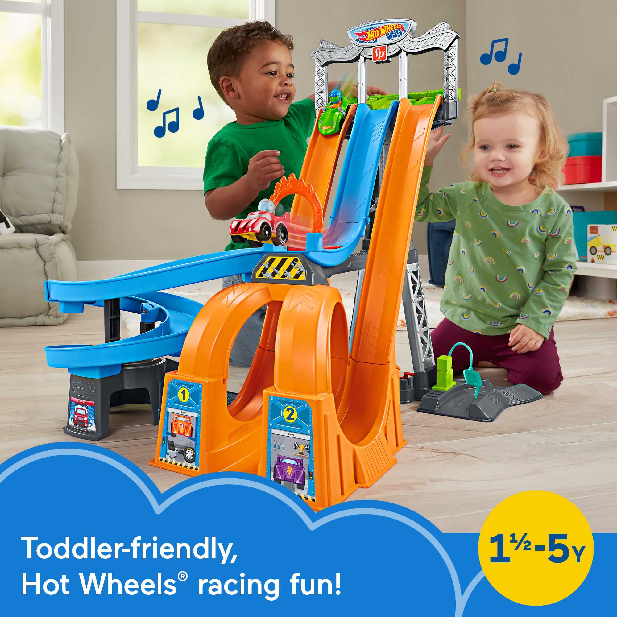 Little People Hot Wheels Racing Loops Tower Toddler Vehicle Playset With Sounds & 2 Toy Cars