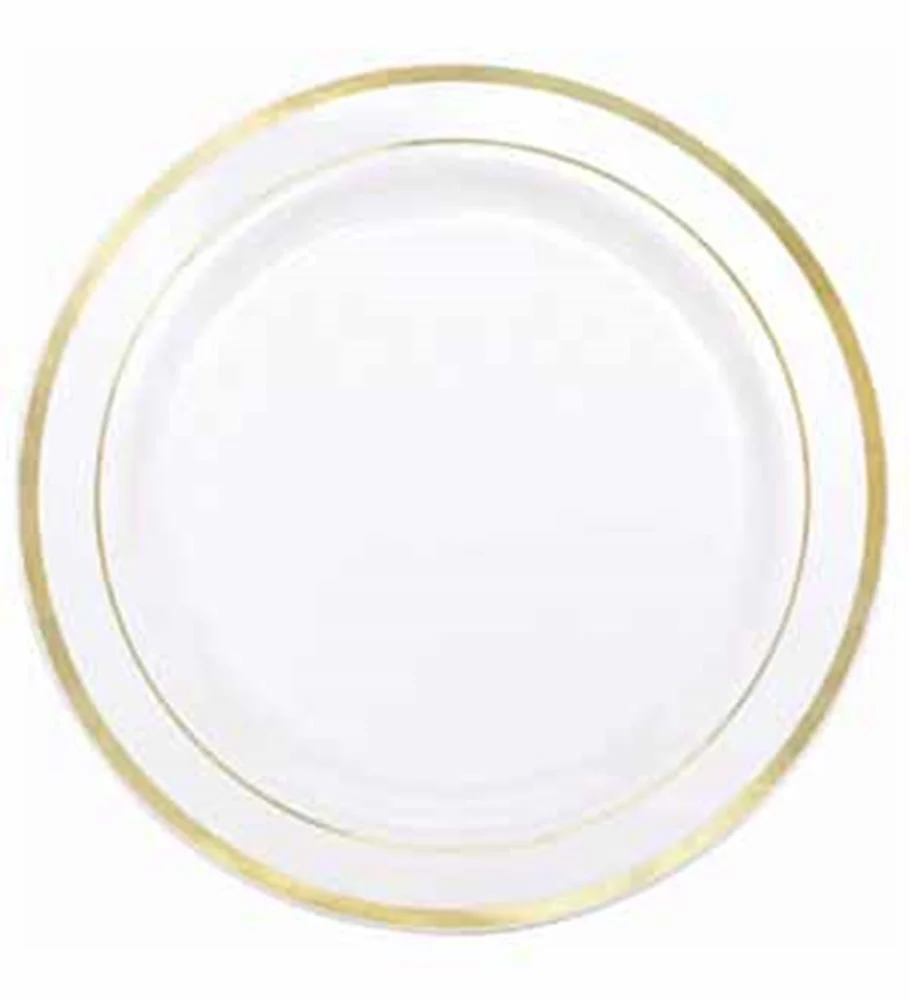 Premium Plastic Round Plates White with Gold Trim 10.25 inch 10ct