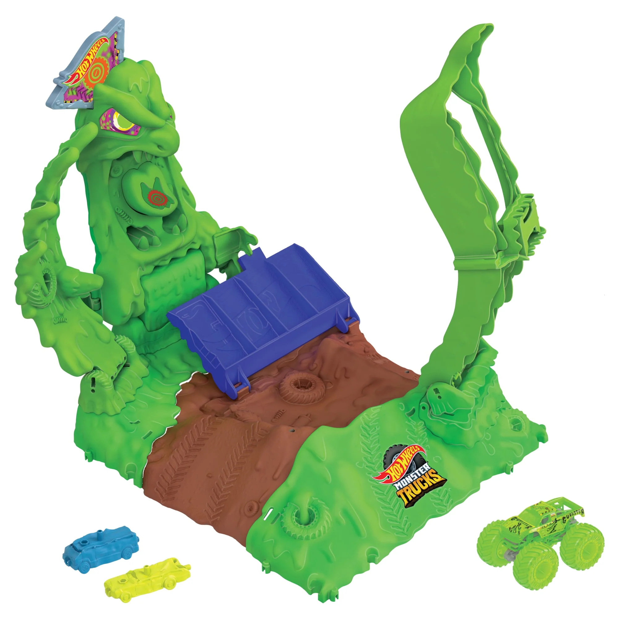 Hot Wheels Monster Trucks Arena Smashers Glow-in-The-Dark Gunkster Set & 1 Glow-in-The-Dark Toy Truck