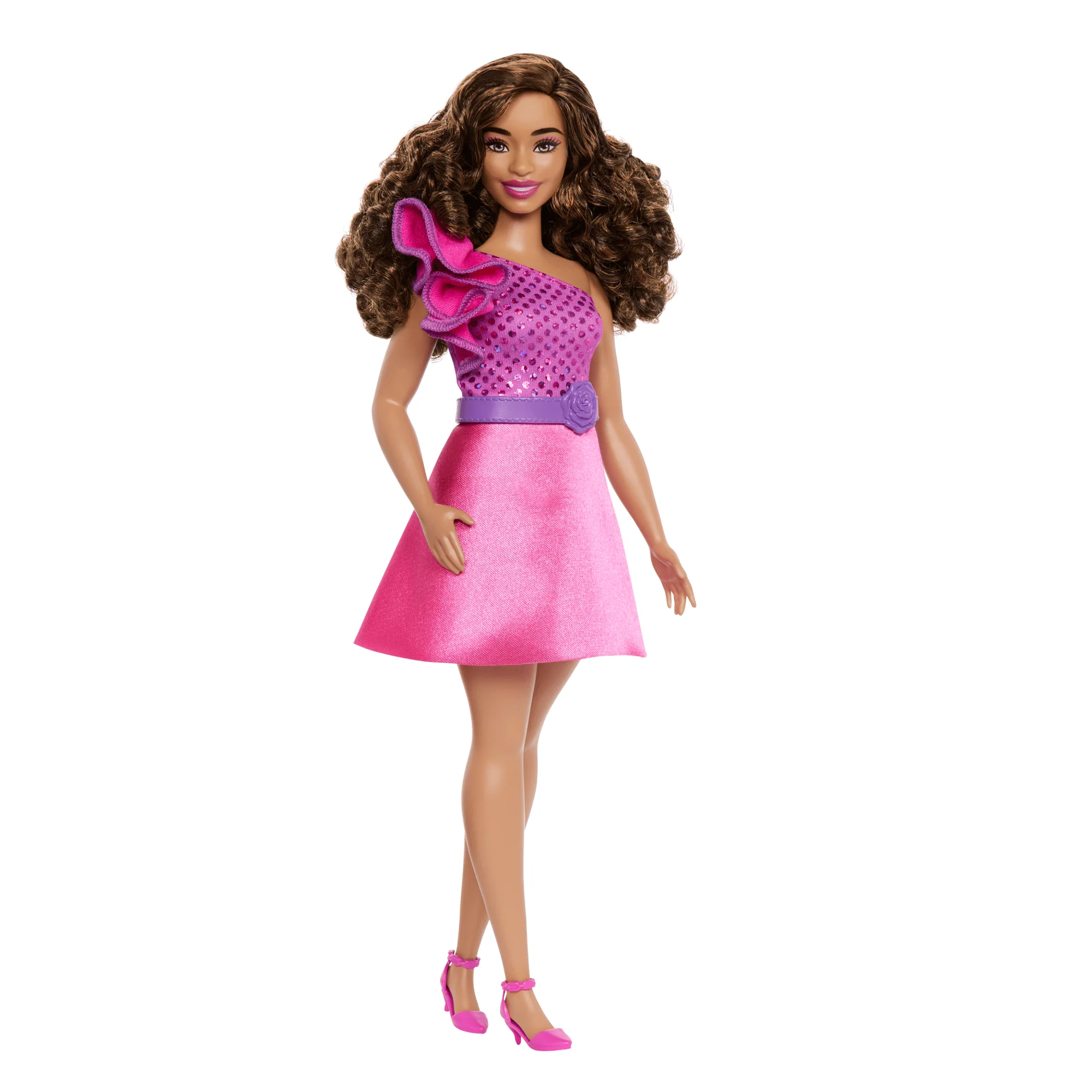 Barbie Fashionistas Doll #225, Curvy With Brown Hair, Pink Sparkly Dress, 65th Anniversary