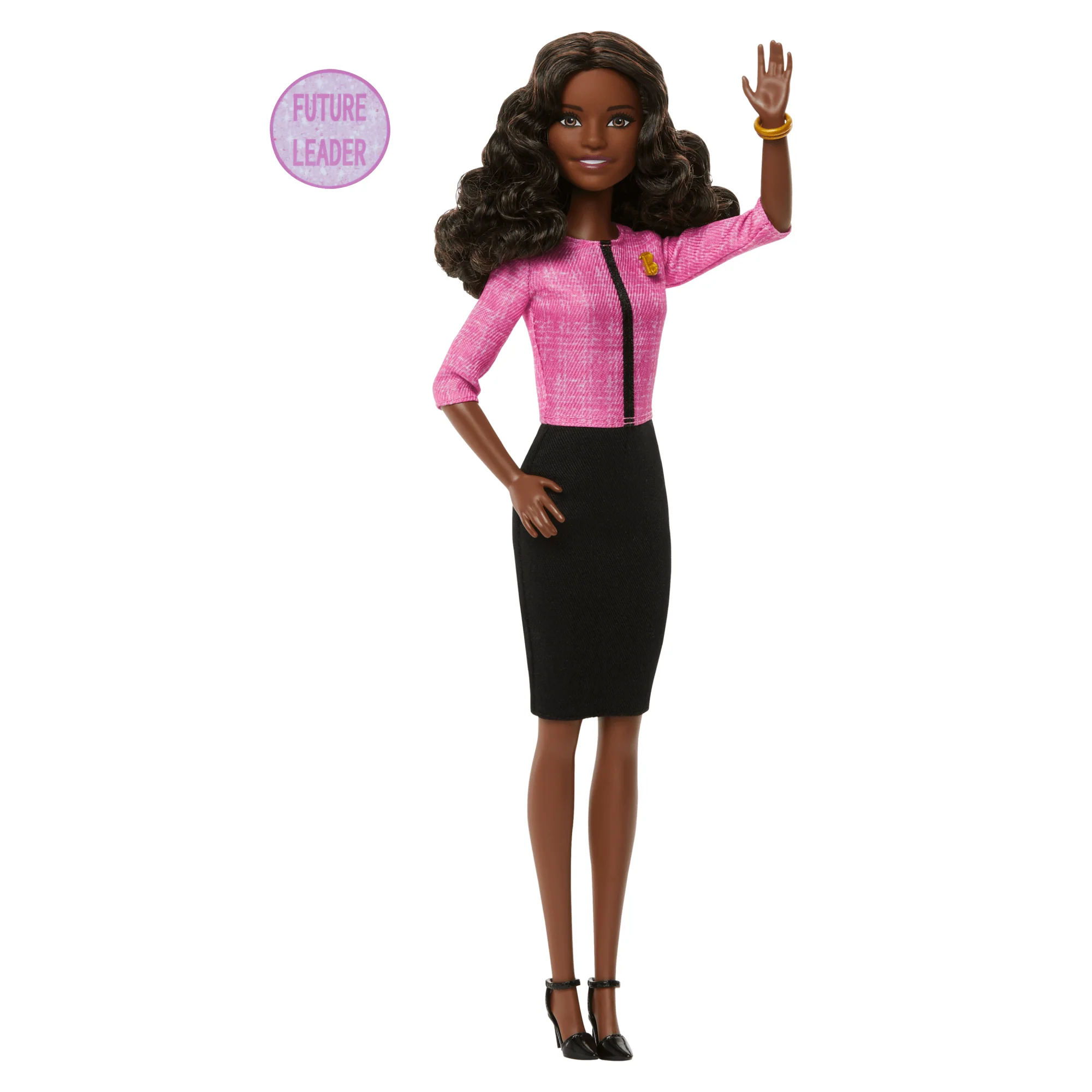 Barbie Future Leader Doll With Dark Brown Hair, 2 Golden Bracelets & Pin, Includes Sticker