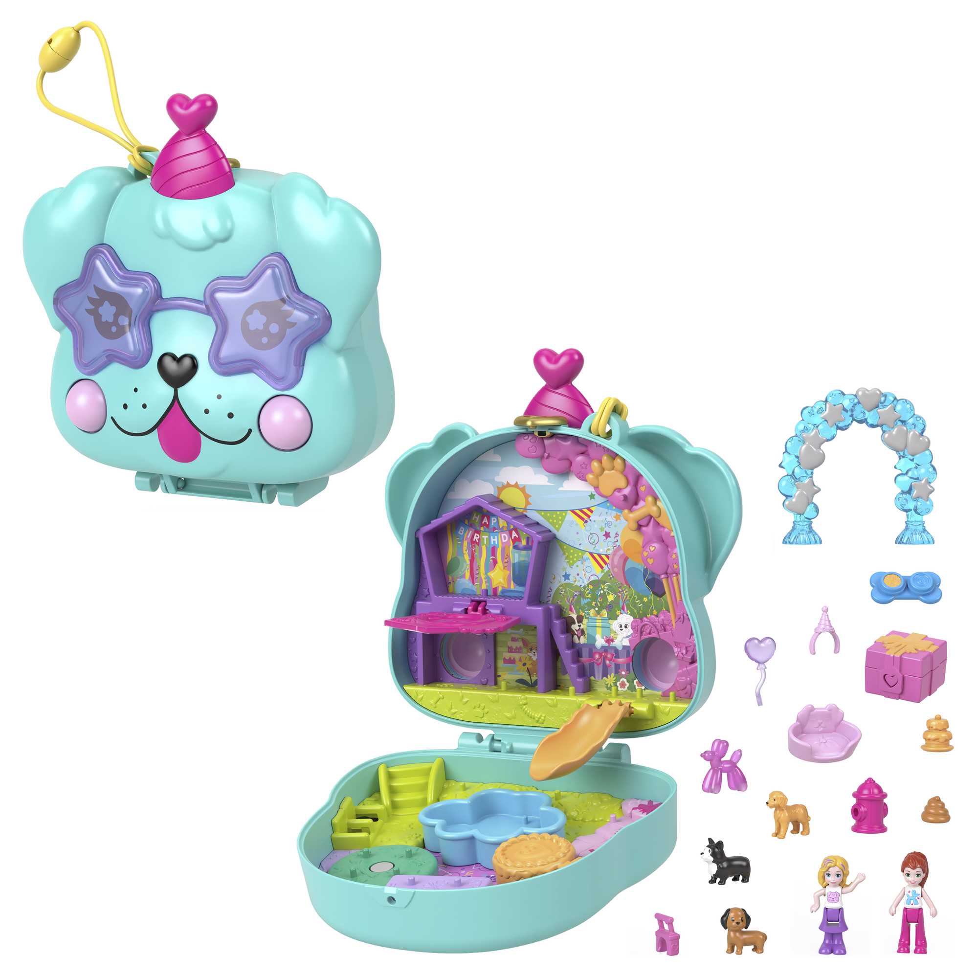 Polly Pocket Mini Toys, Doggy Birthday Bash Compact Playset With 2 Dolls And Accessories