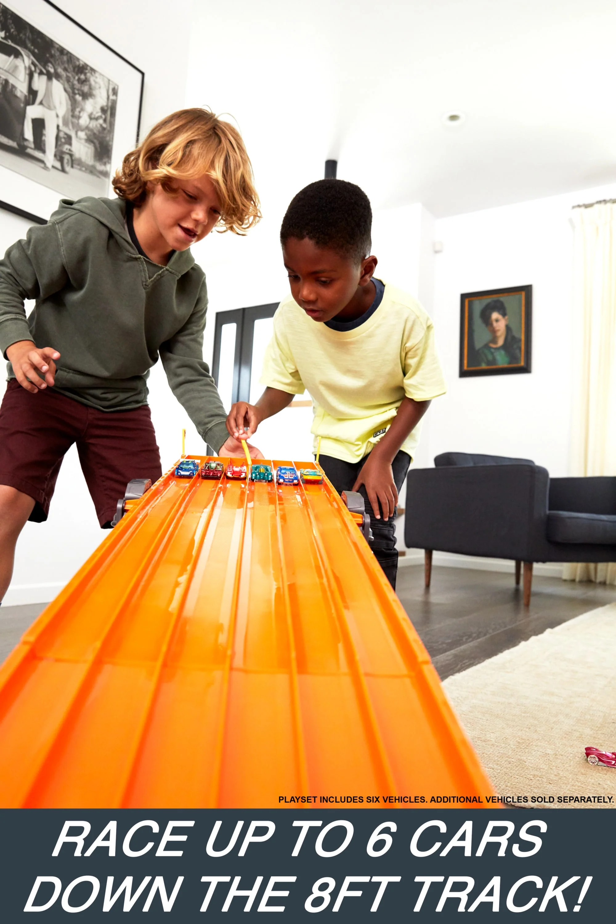 Hot Wheels Super 6-Lane Raceway, 8-Ft Track With 6 Toy Cars in 1:64 Scale