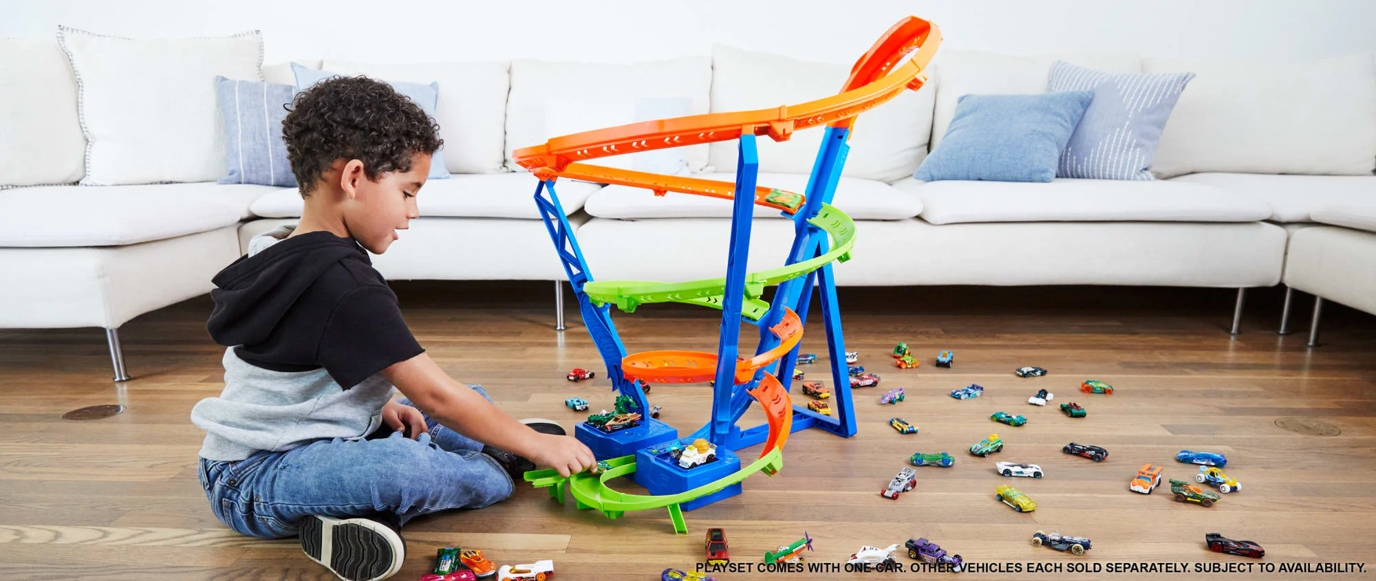 Hot Wheels Track Set And 1:64 Scale Toy Car, Spiral Race Track With Motorized Booster