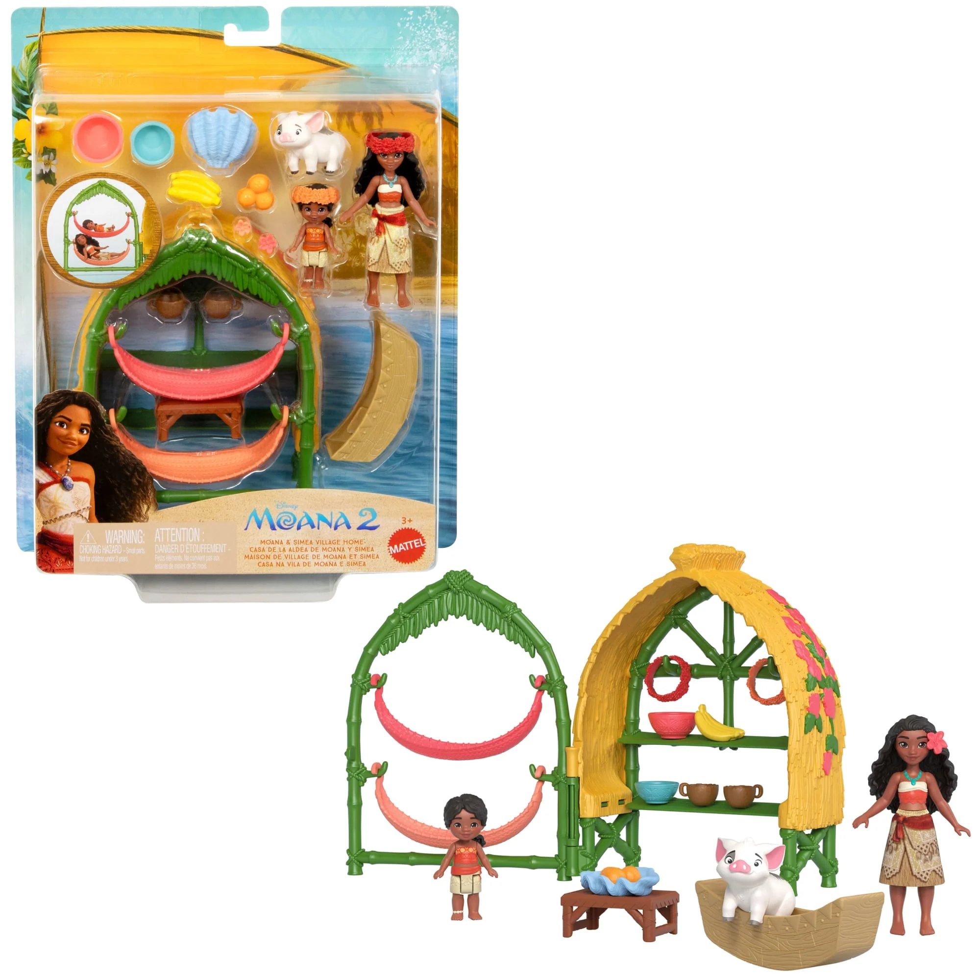 Disney Moana 2 Toys, Moana & Simea Village Home Playset, 2 Small Dolls, Friend Figure & 15 Accessories