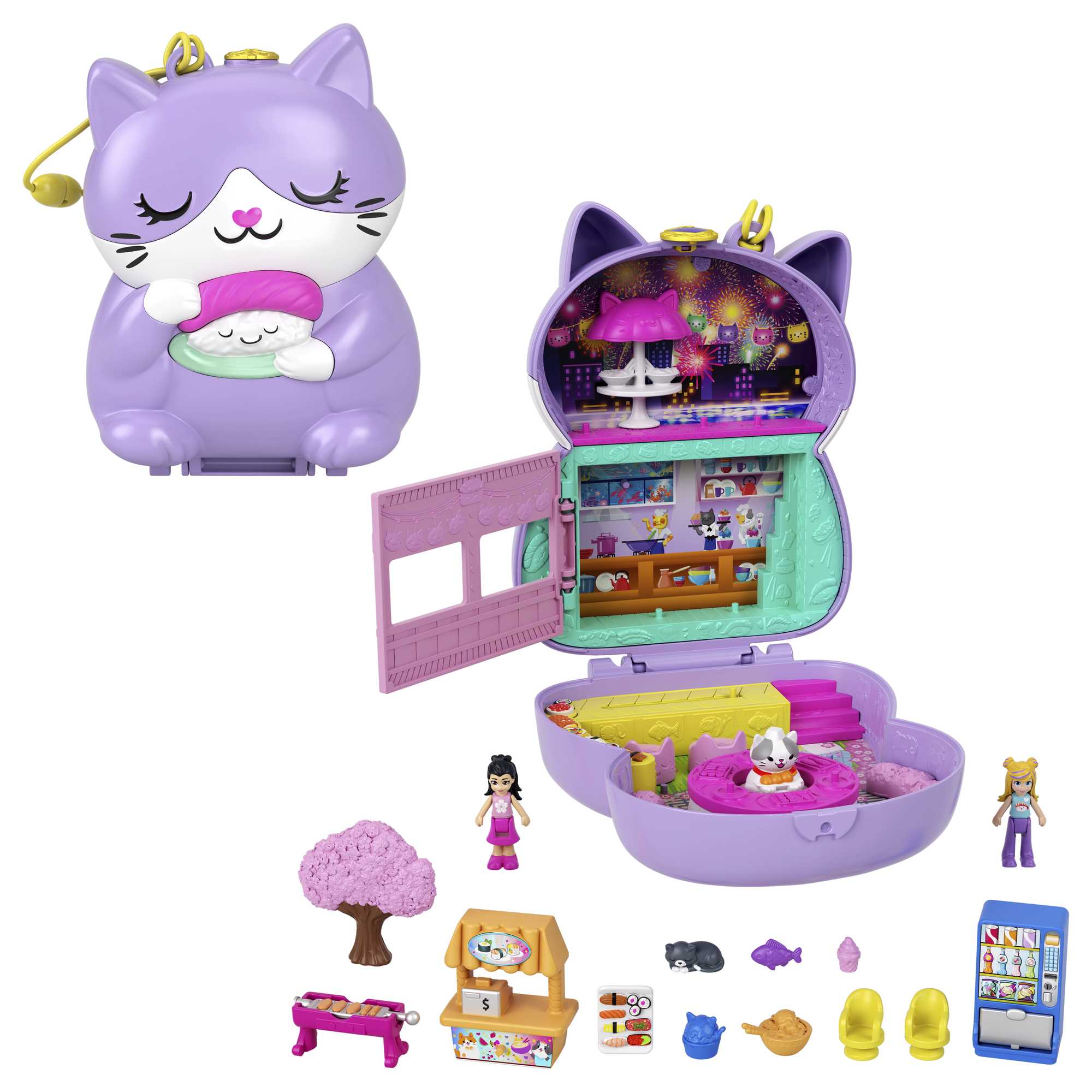 Polly Pocket Sushi Shop Cat Compact Playset With 2 Dolls & 12 Accessories