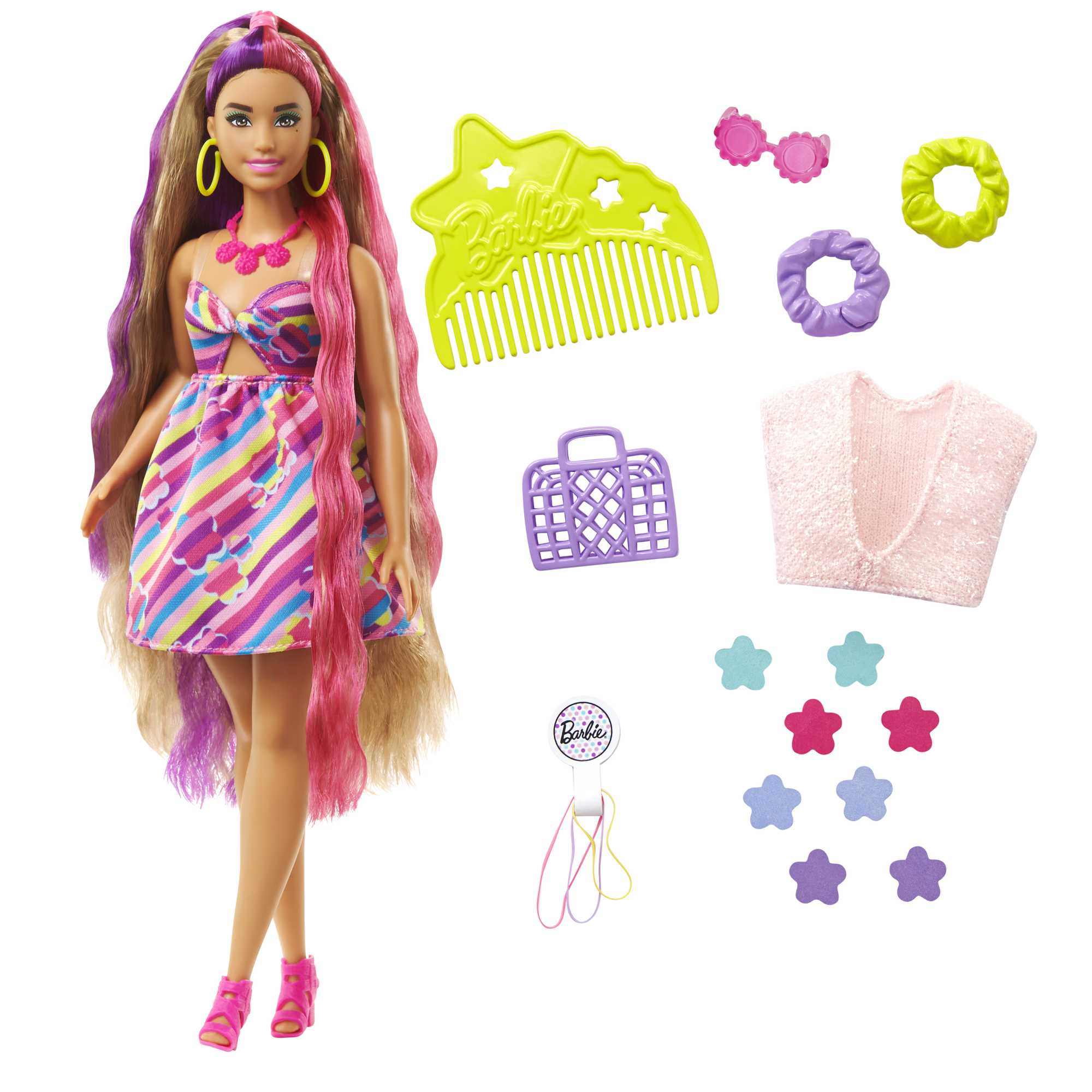 Barbie Totally Hair Flower-themed Doll, Curvy, 8.5 Inch Fantasy Hair, Dress, 15 Accessories, 3 & Up