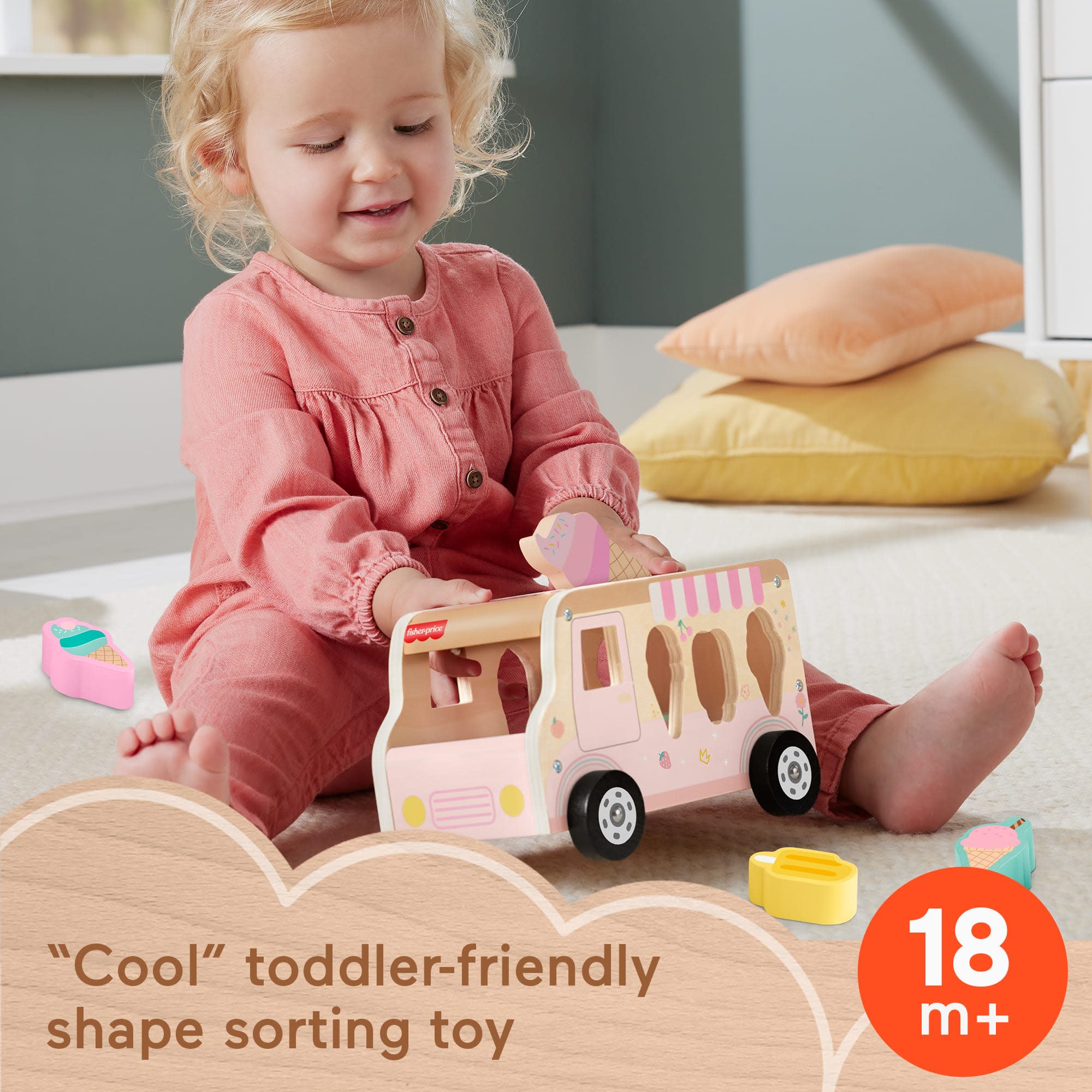 Fisher-Price Wooden Ice Cream Shape Sorter Set For Toddlers & Kids, 8 Wood Pieces