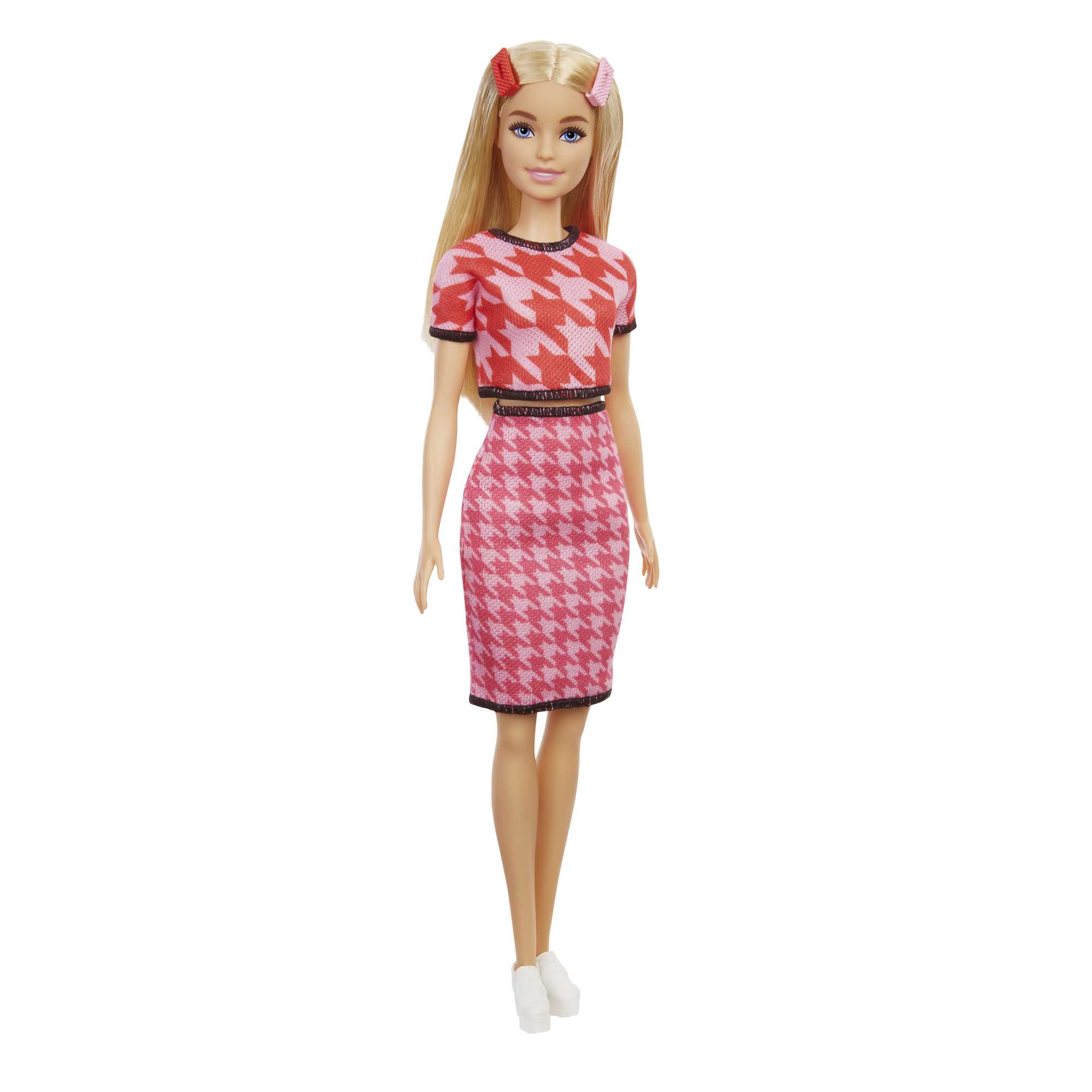 Barbie Fashionistas Doll #169 With Long Blonde Hair & Houndstooth Crop Top & Skirt, Platform Shoes & 2 Barrettes, 3 To 8 Years Old