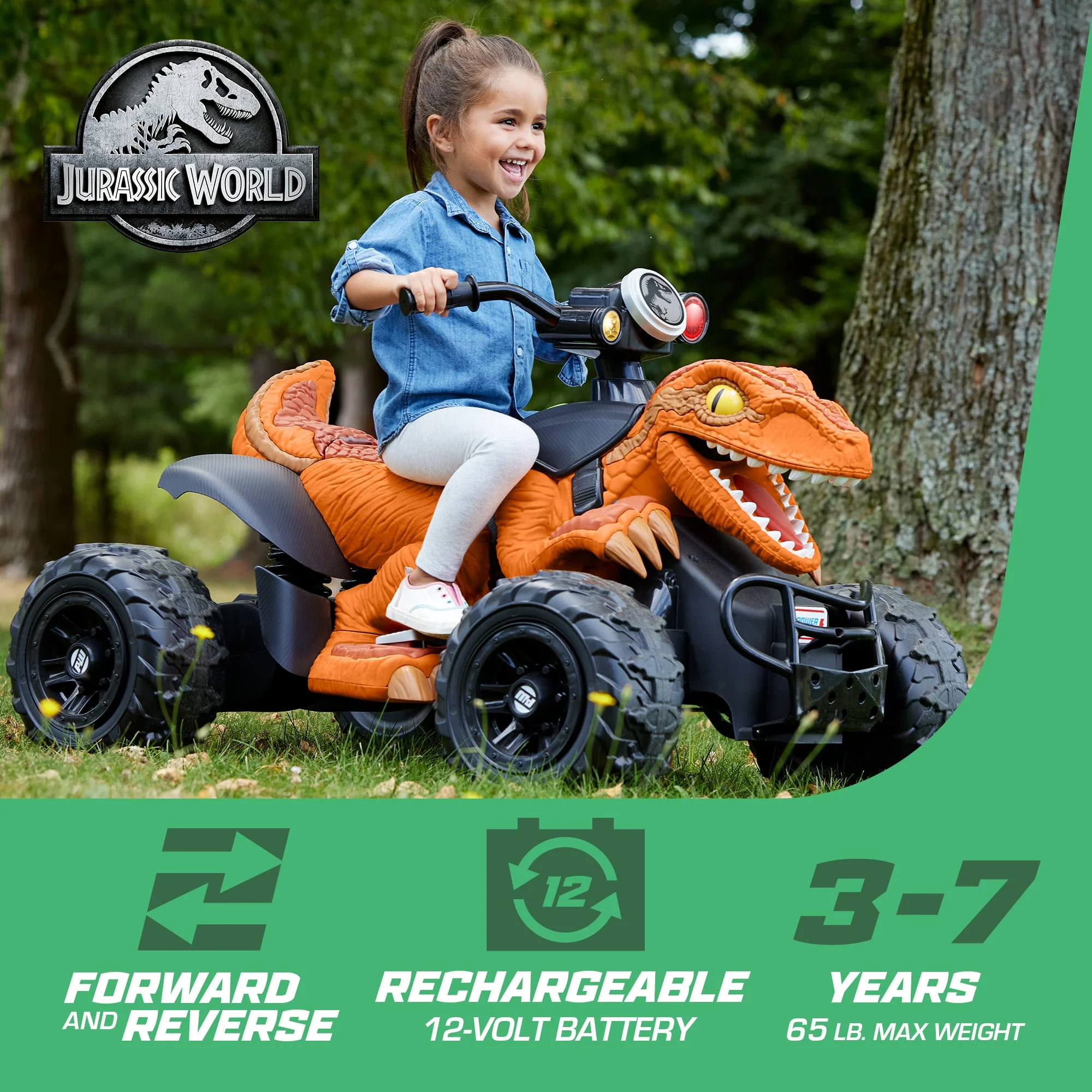 Power Wheels Jurassic World Dino Racer Battery-Powered Ride-On ATV Dinosaur Toy, Orange
