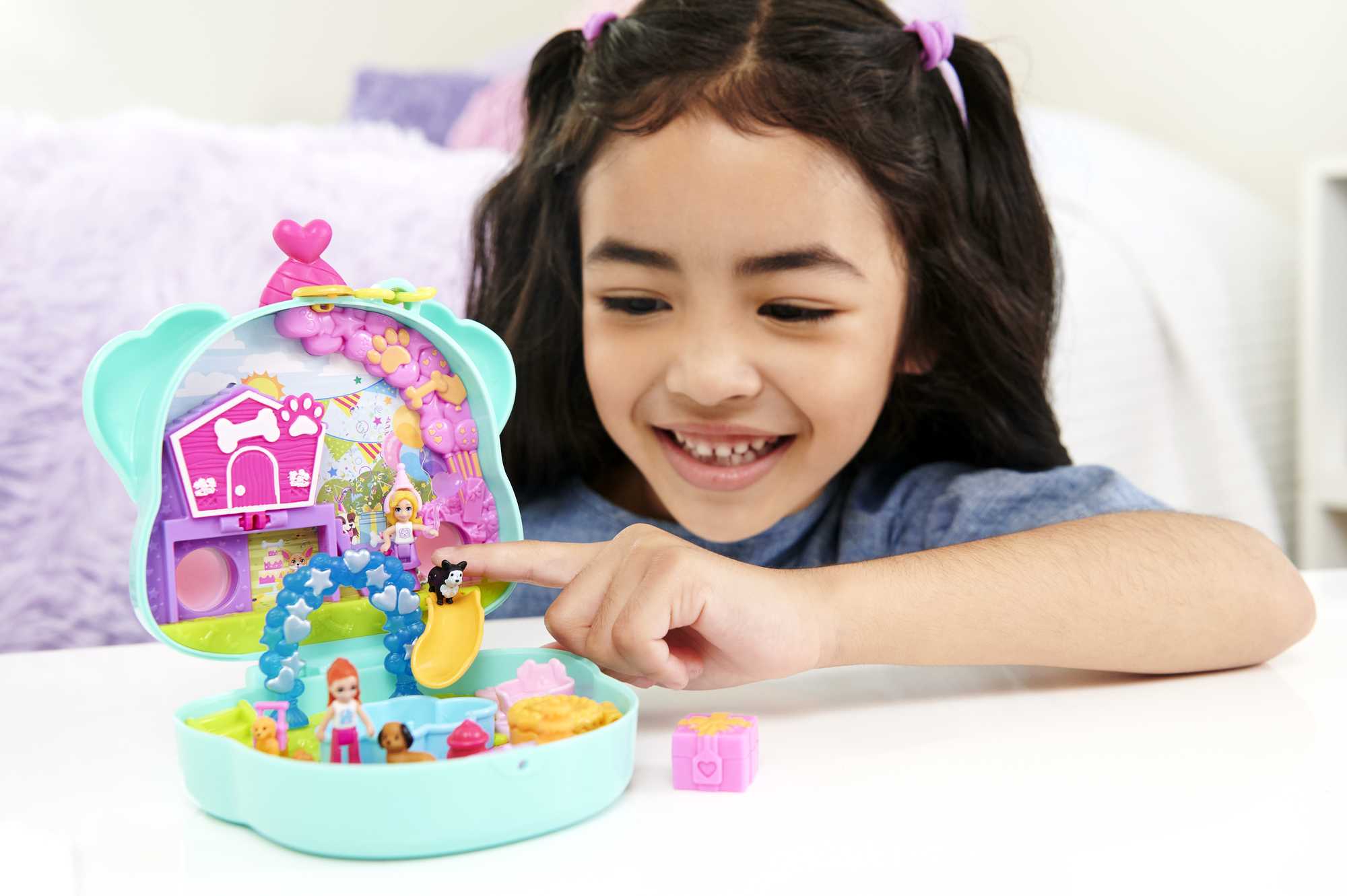 Polly Pocket Mini Toys, Doggy Birthday Bash Compact Playset With 2 Dolls And Accessories