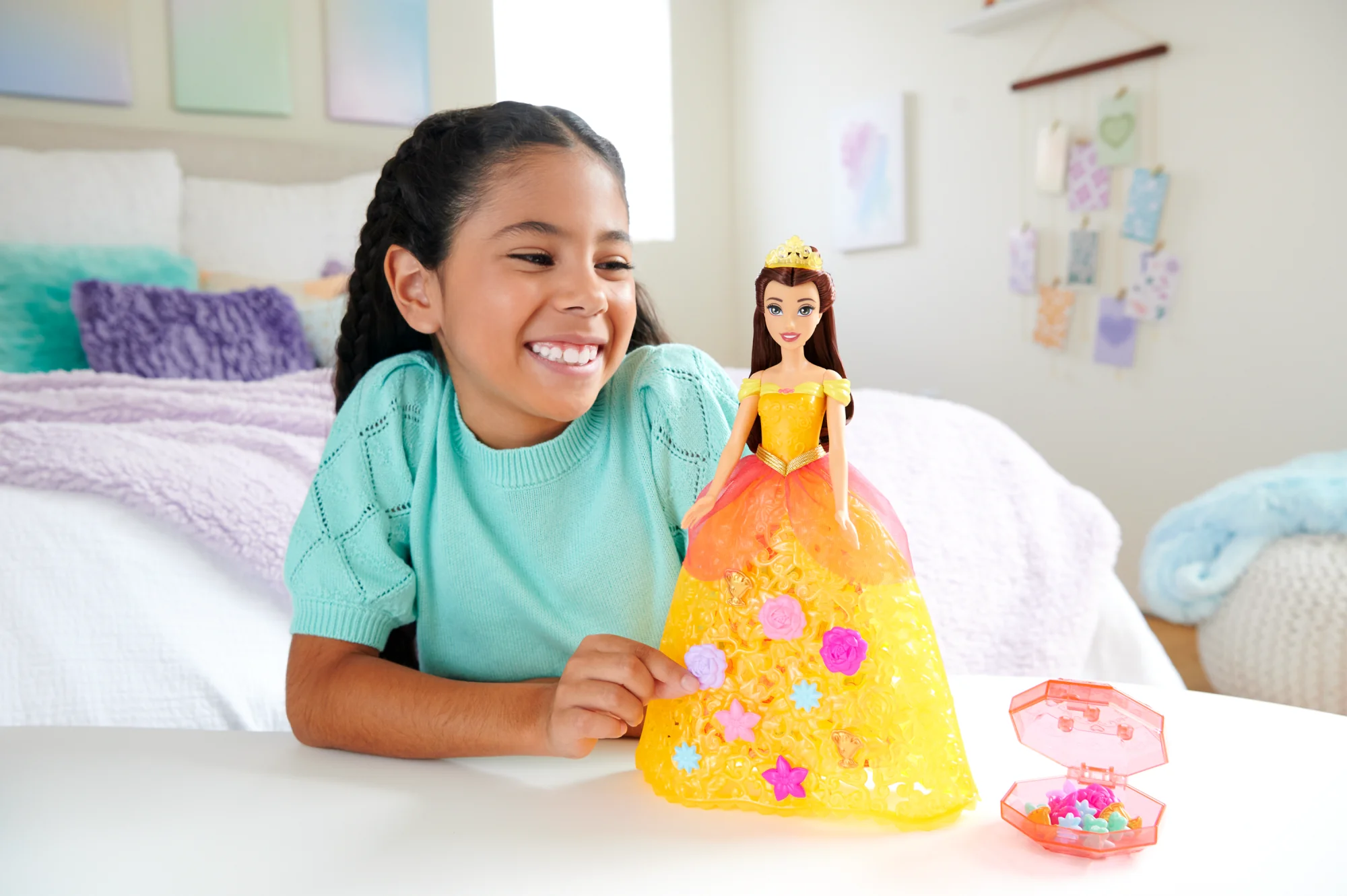 Disney Princess Flower Fashion Belle Doll With 20 Charms, Customizable Skirt & Storage Case