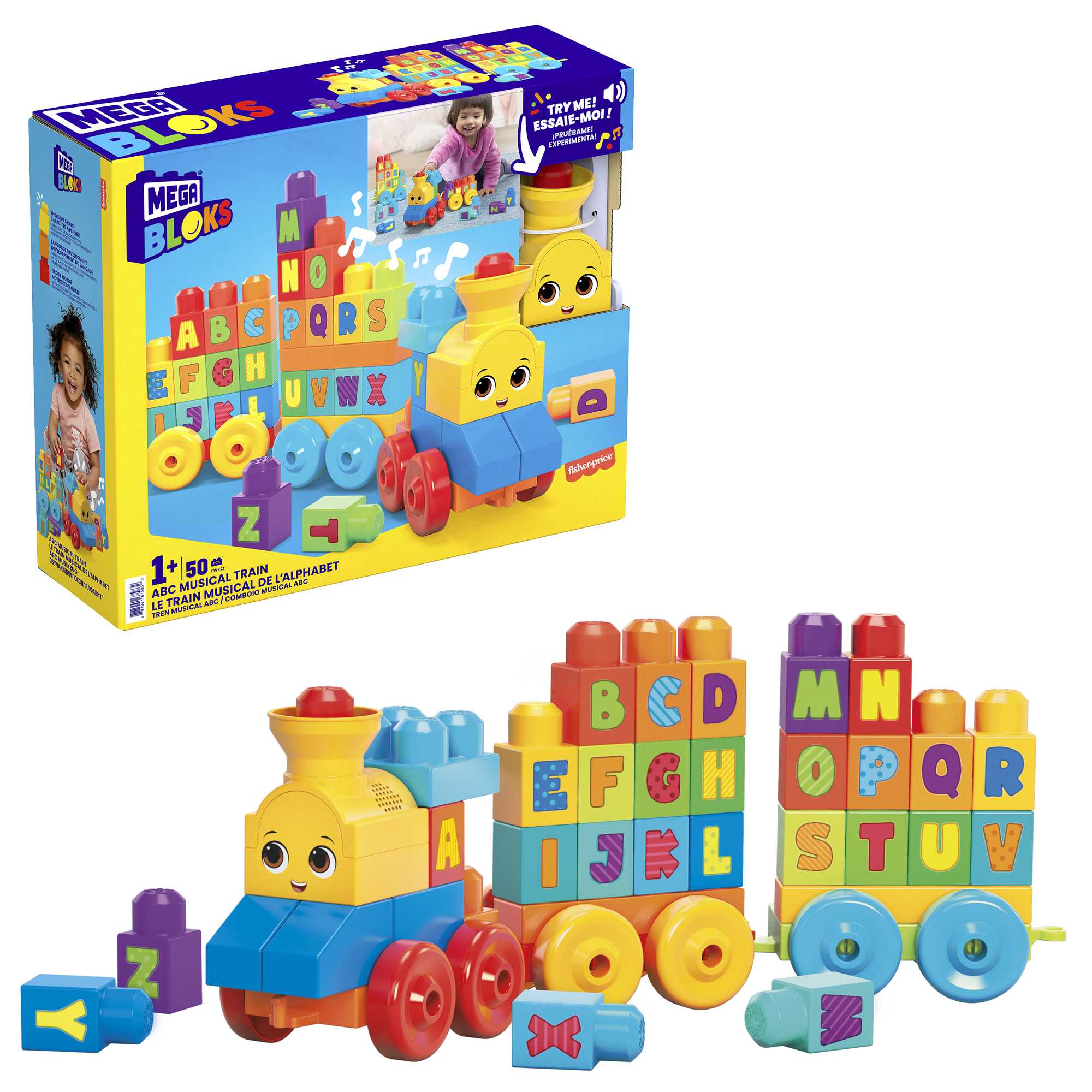 MEGA BLOKS First Builders ABC Musical Train Toy Building Blocks With Music (50 Pieces) For Toddler