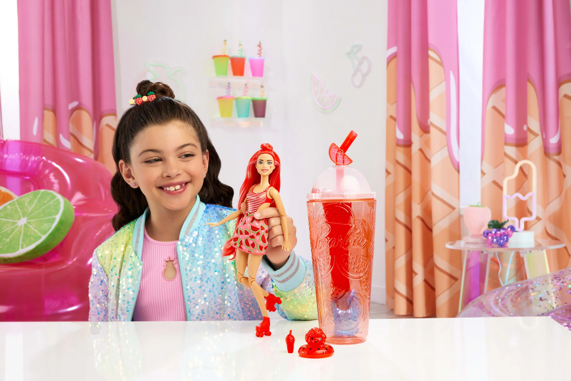 Barbie Pop Reveal Fruit Series Watermelon Crush Doll, 8 Surprises Include Pet, Slime, Scent & Color Change