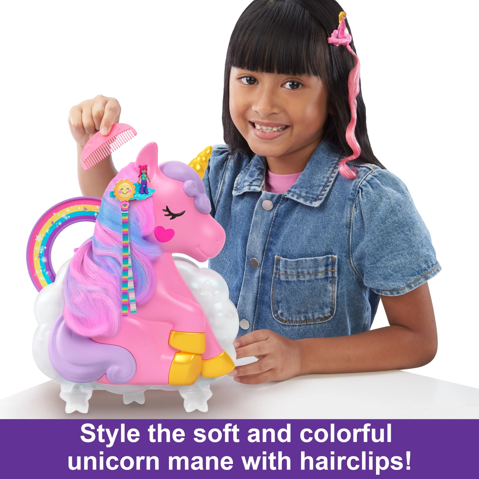 Polly Pocket Mini Toys, Rainbow Unicorn Salon Playset With 2 Dolls And 20+ Accessories