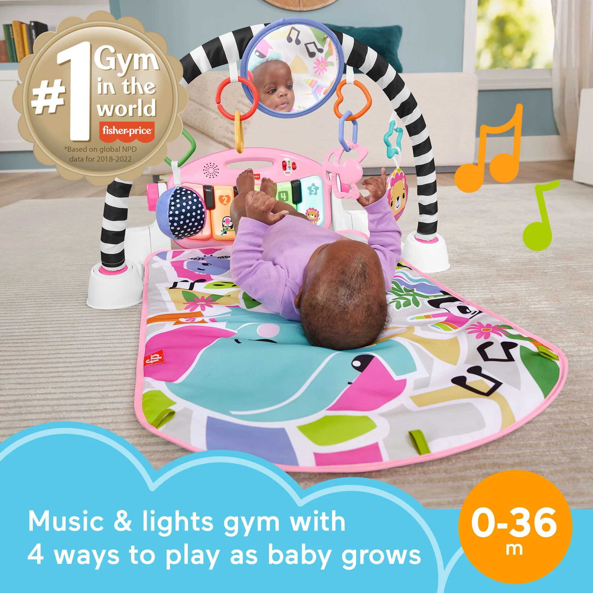 Fisher-Price Glow And Grow Kick & Play Piano Gym Baby Playmat With Musical Learning Toy, Pink