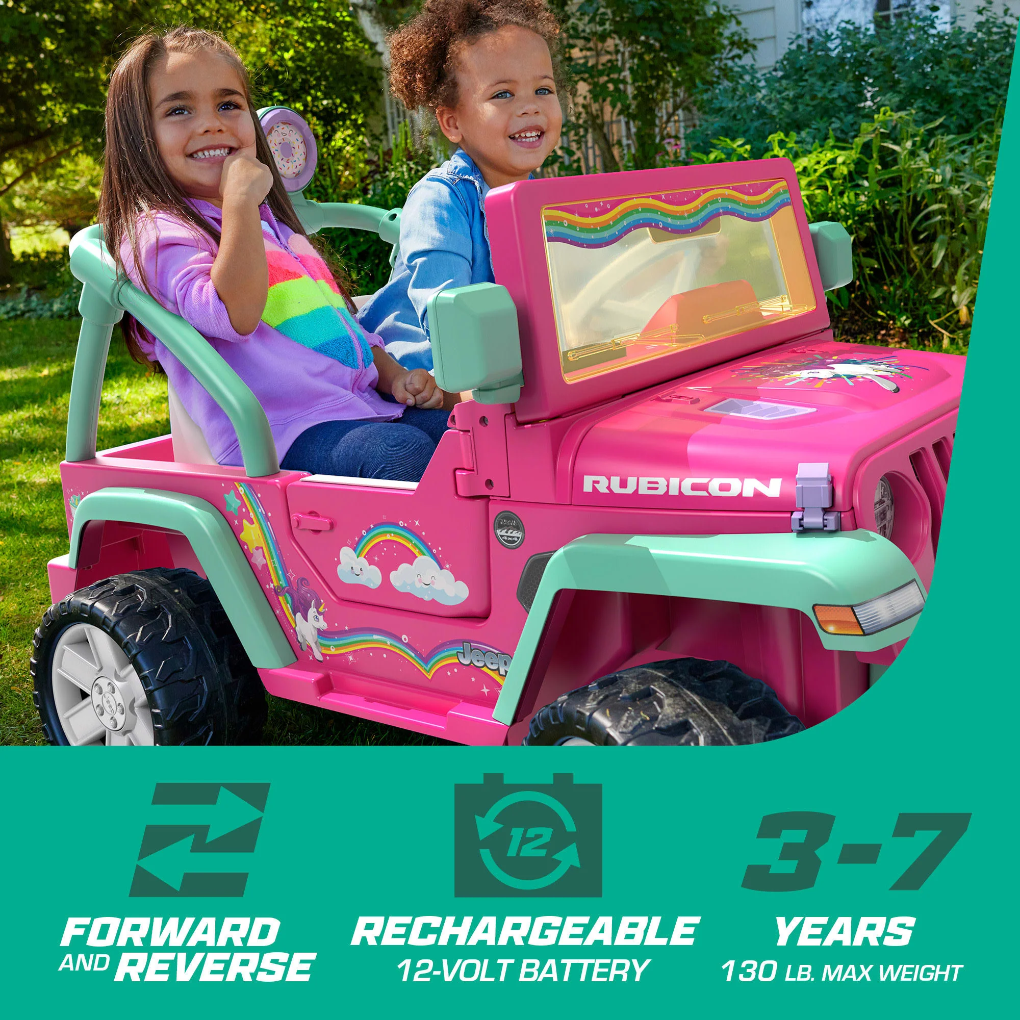 Power Wheels Rainbow Unicorn Jeep Wrangler Preschool Ride-On Toy With Sounds & Cute Stickers