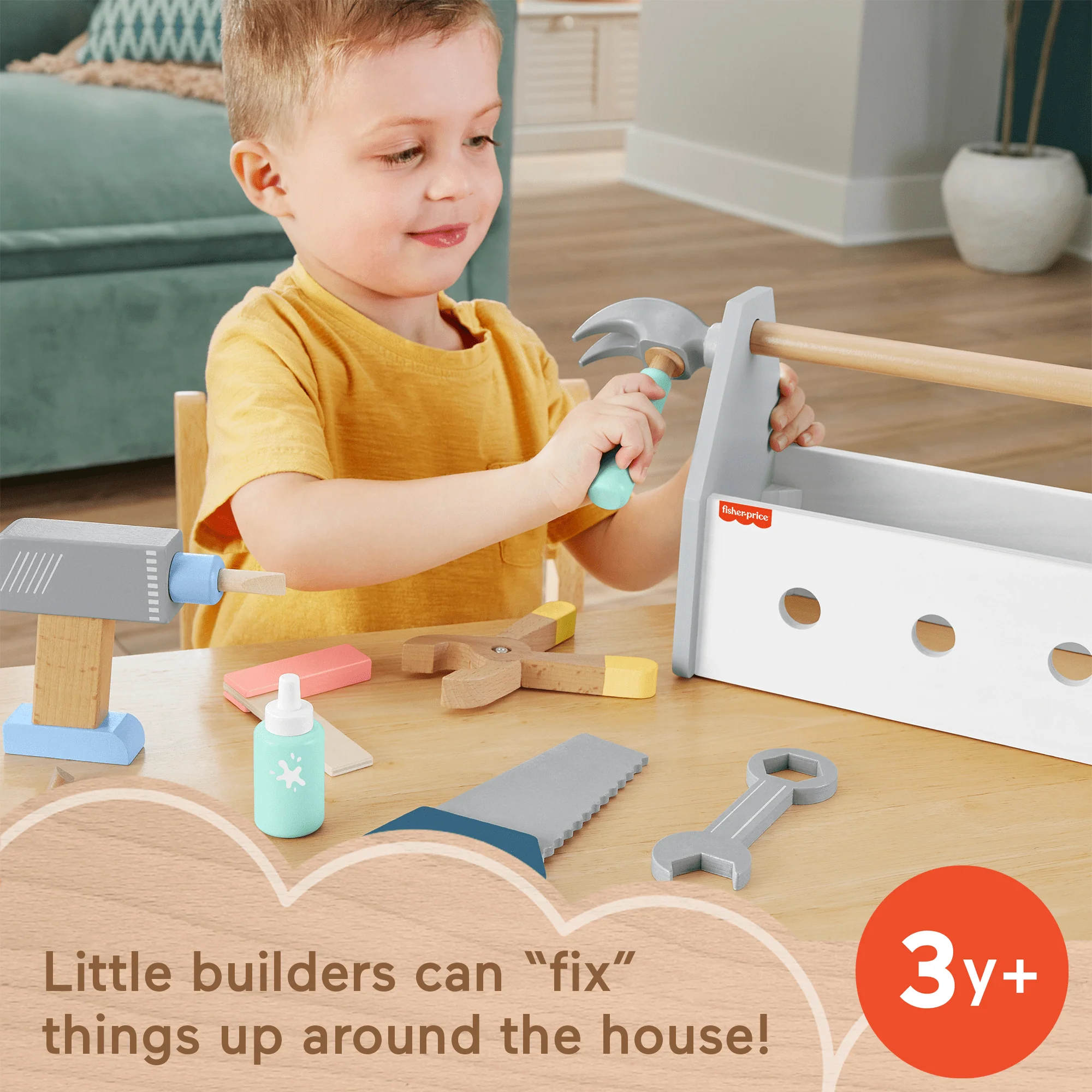 Fisher-Price Wooden Tool Box Set For Preschool Pretend Play, 9 Wood Pieces