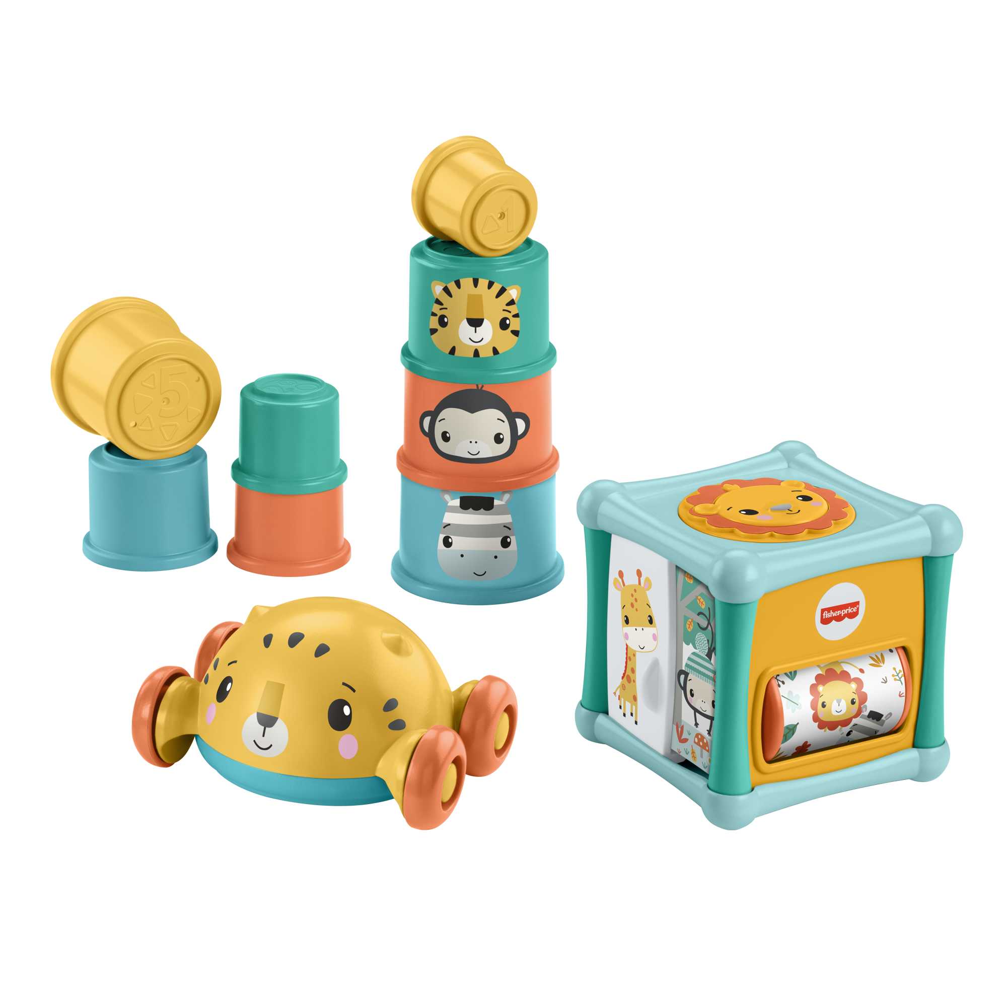 Fisher-Price Baby Toys Set With Fine Motor Toy, Stacking Cups & Push Car, Sit & Crawl Gift Set