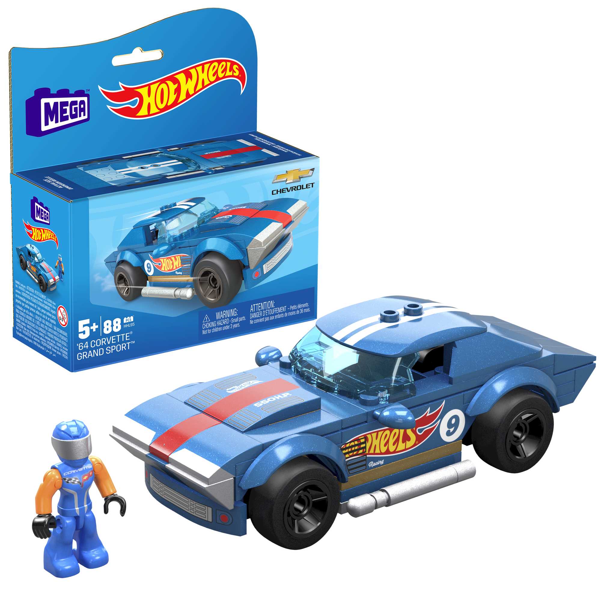 MEGA Hot Wheels 64 Corvette Grand Sport Building Toy Car With 1 Figure (88 Pieces)