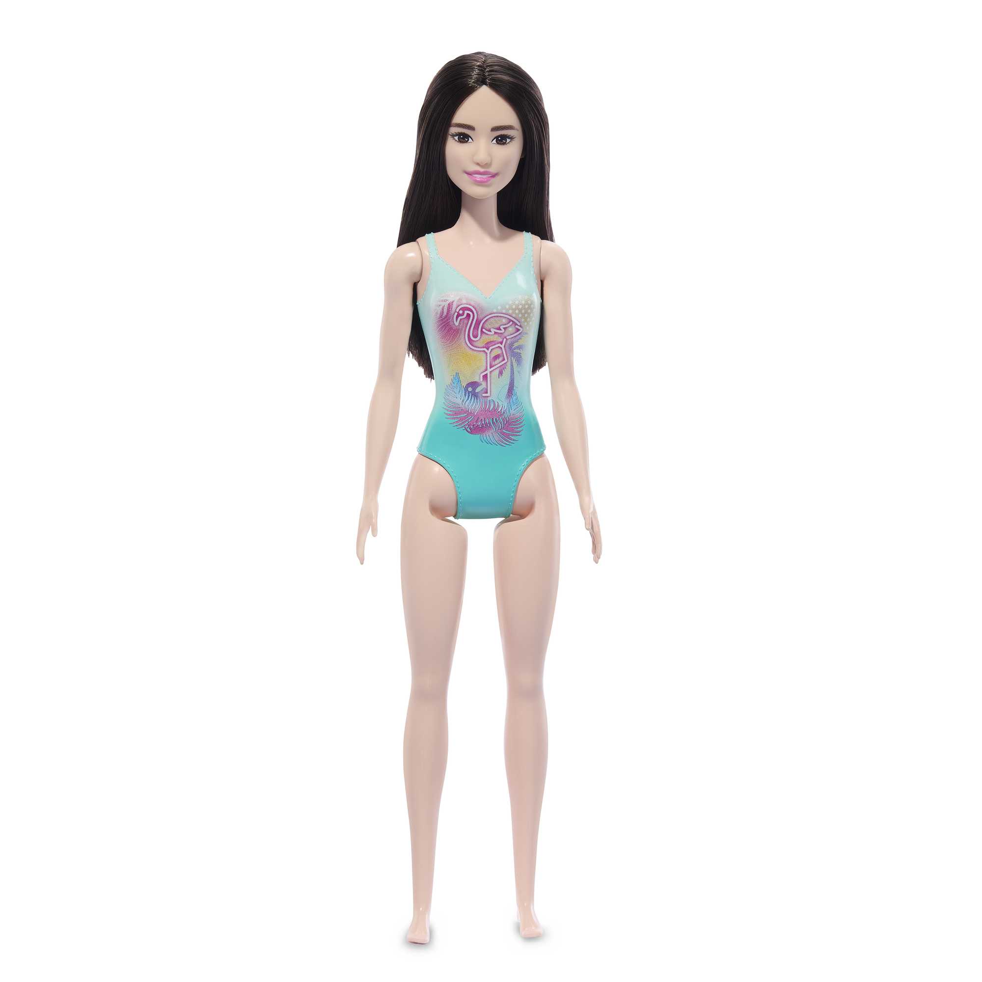 Beach Barbie Doll With Black Hair Wearing Tropical Blue Swimsuit