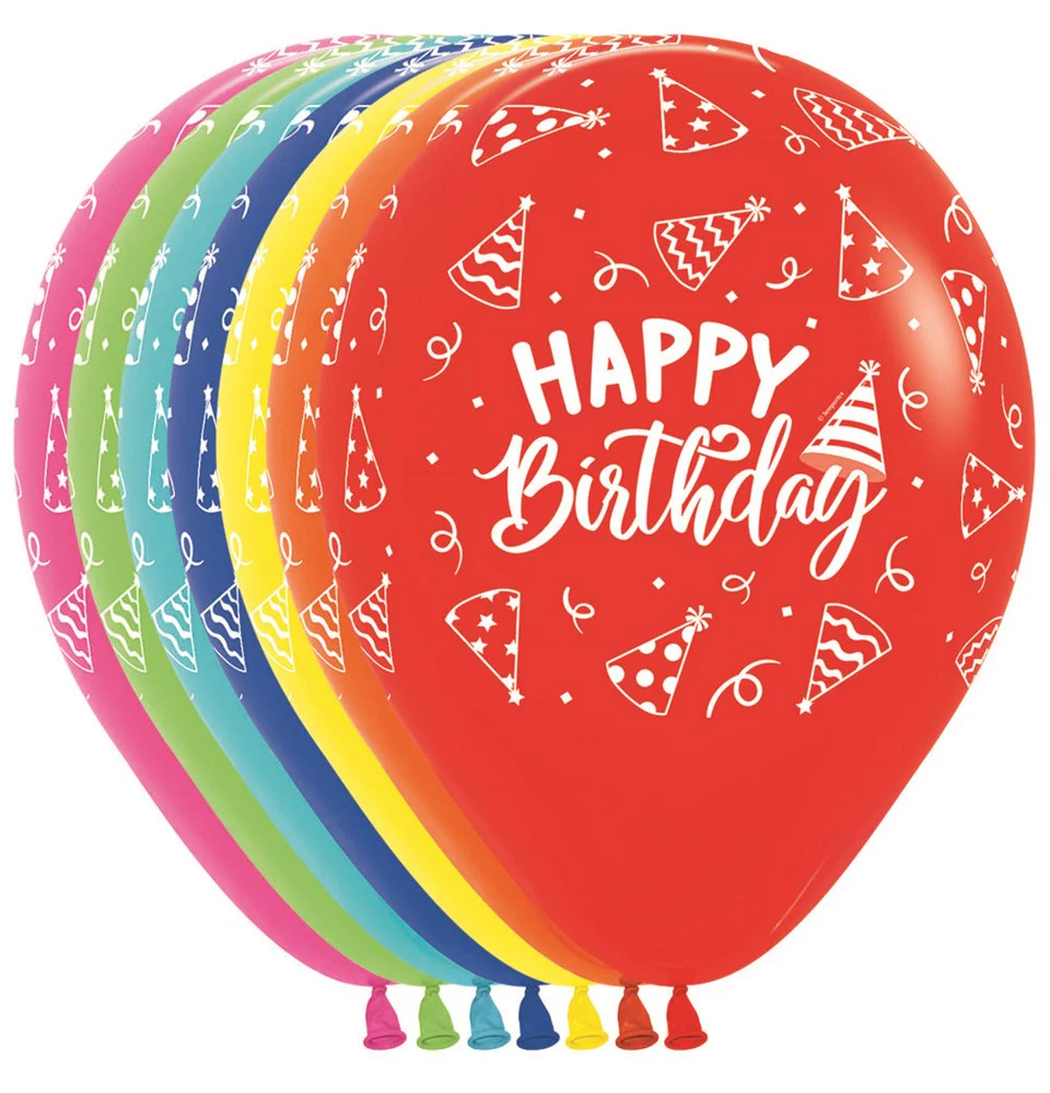 11 inch Sempertex Happy Birthday Hats Latex Balloons All Over Print 50ct