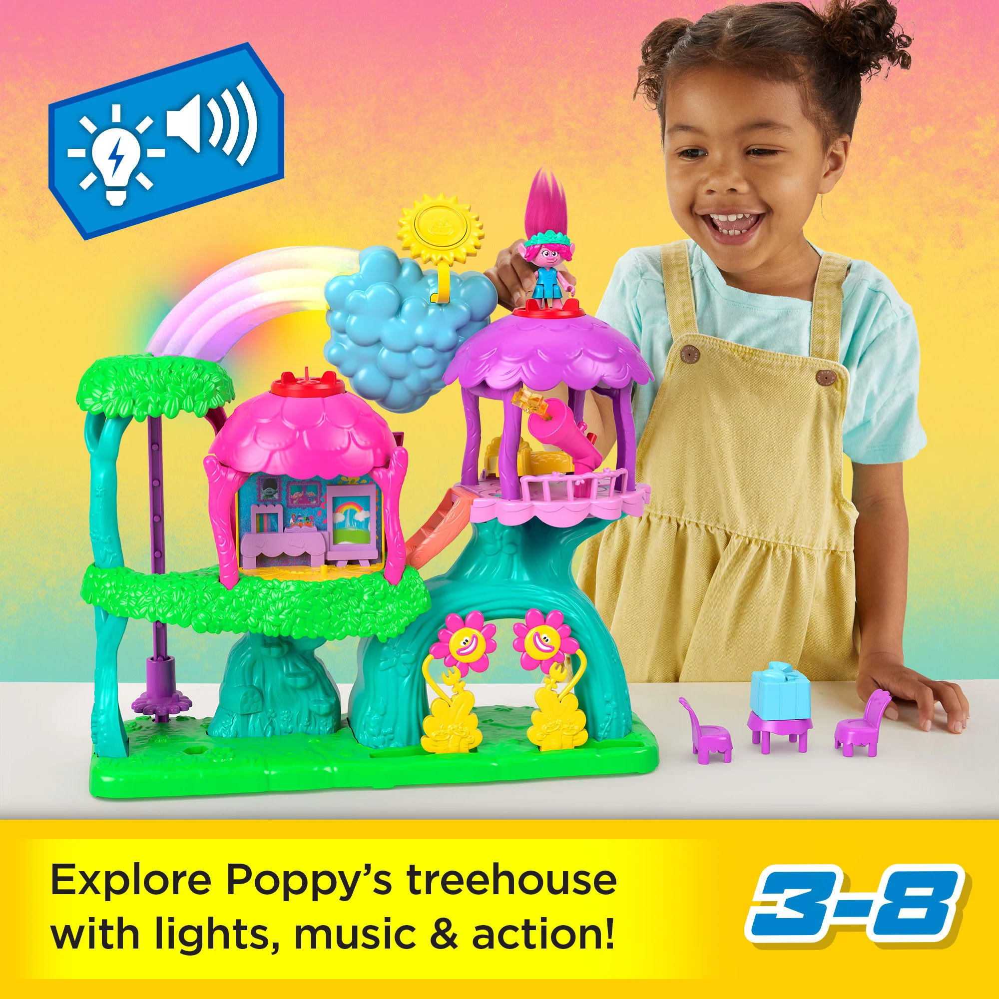 Imaginext Dreamworks Trolls Lights & Sounds Rainbow Treehouse Playset With Poppy, 7 Pieces