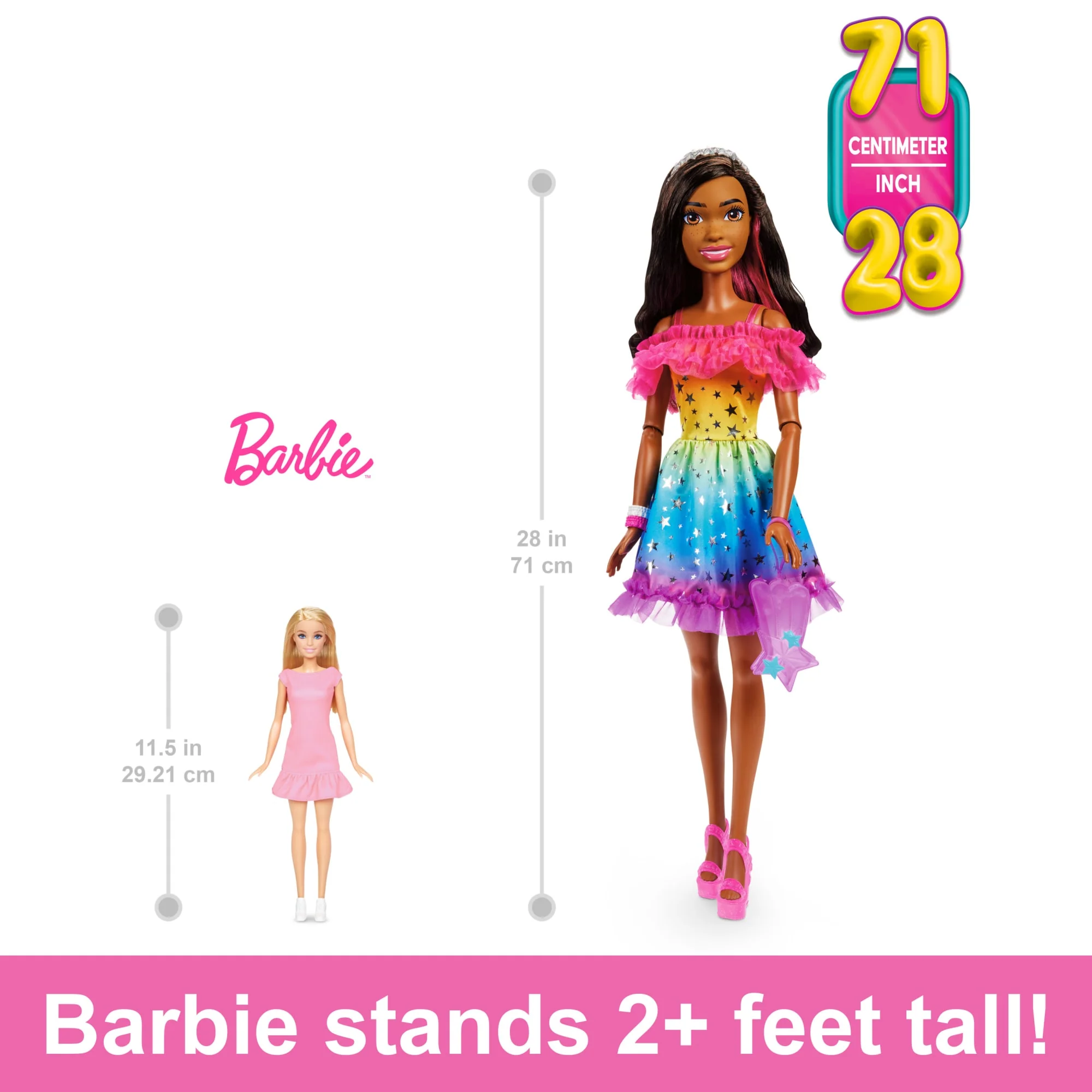 Large Barbie Doll, 28 Inches Tall, Dark Brown Hair And Rainbow Dress