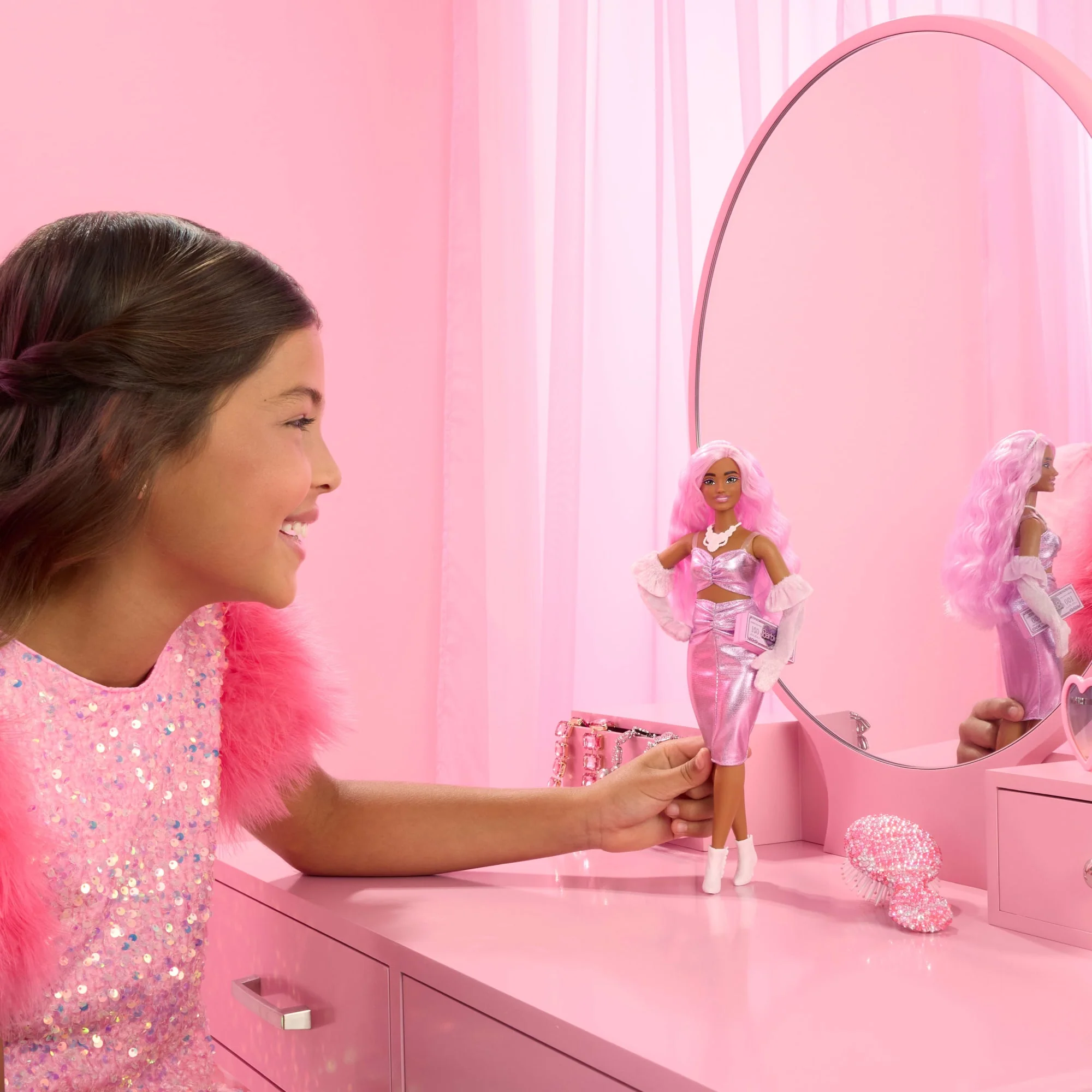 Barbie Deluxe Style Doll #1 in Glossy Pink Barbiecore Dress With Velvet Gloves, Pink Hair