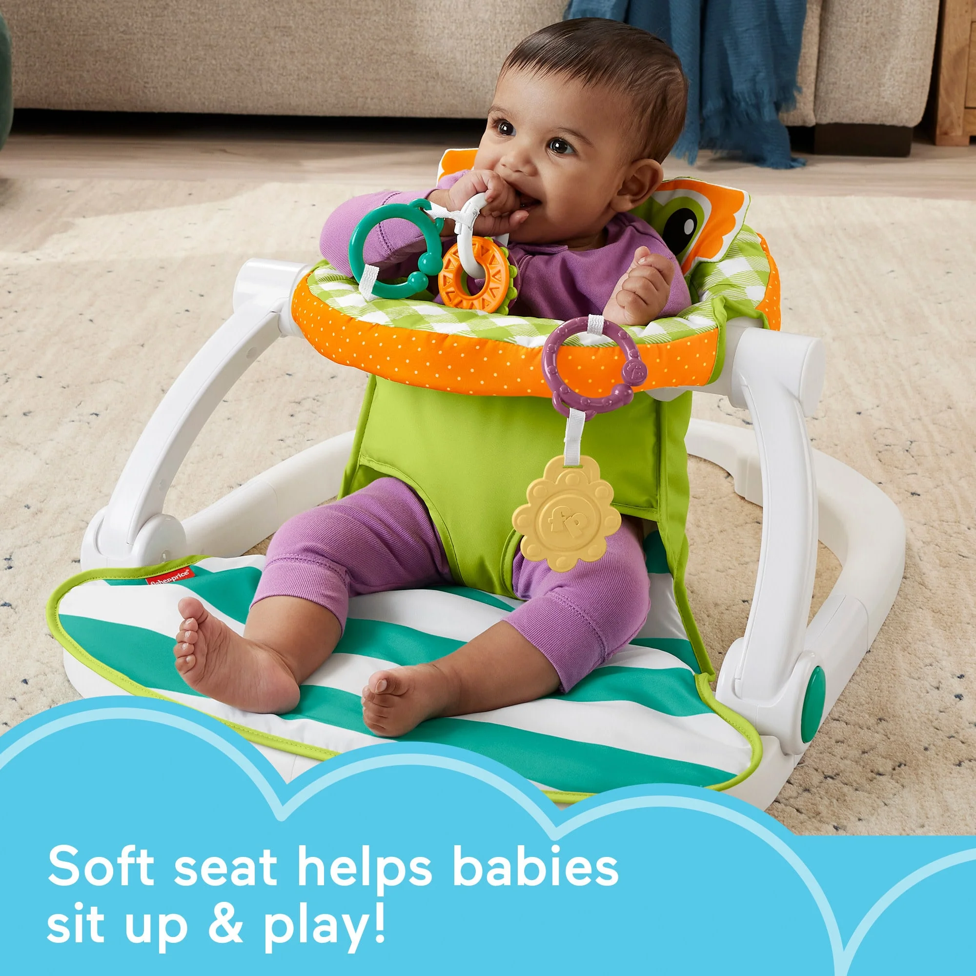 Fisher-Price Sit-Me-Up Portable Baby Seat With 2 Linkable Toys, Citrus Frog