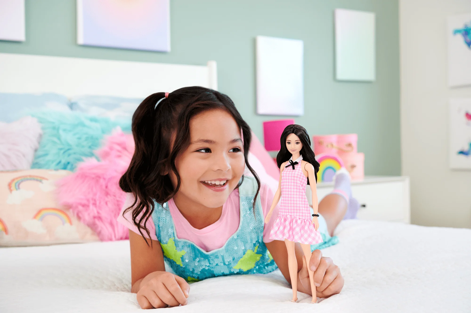 Barbie Fashionistas Doll #224 With Black Hair, Pink Gingham Dress & Accessories, 65th Anniversary
