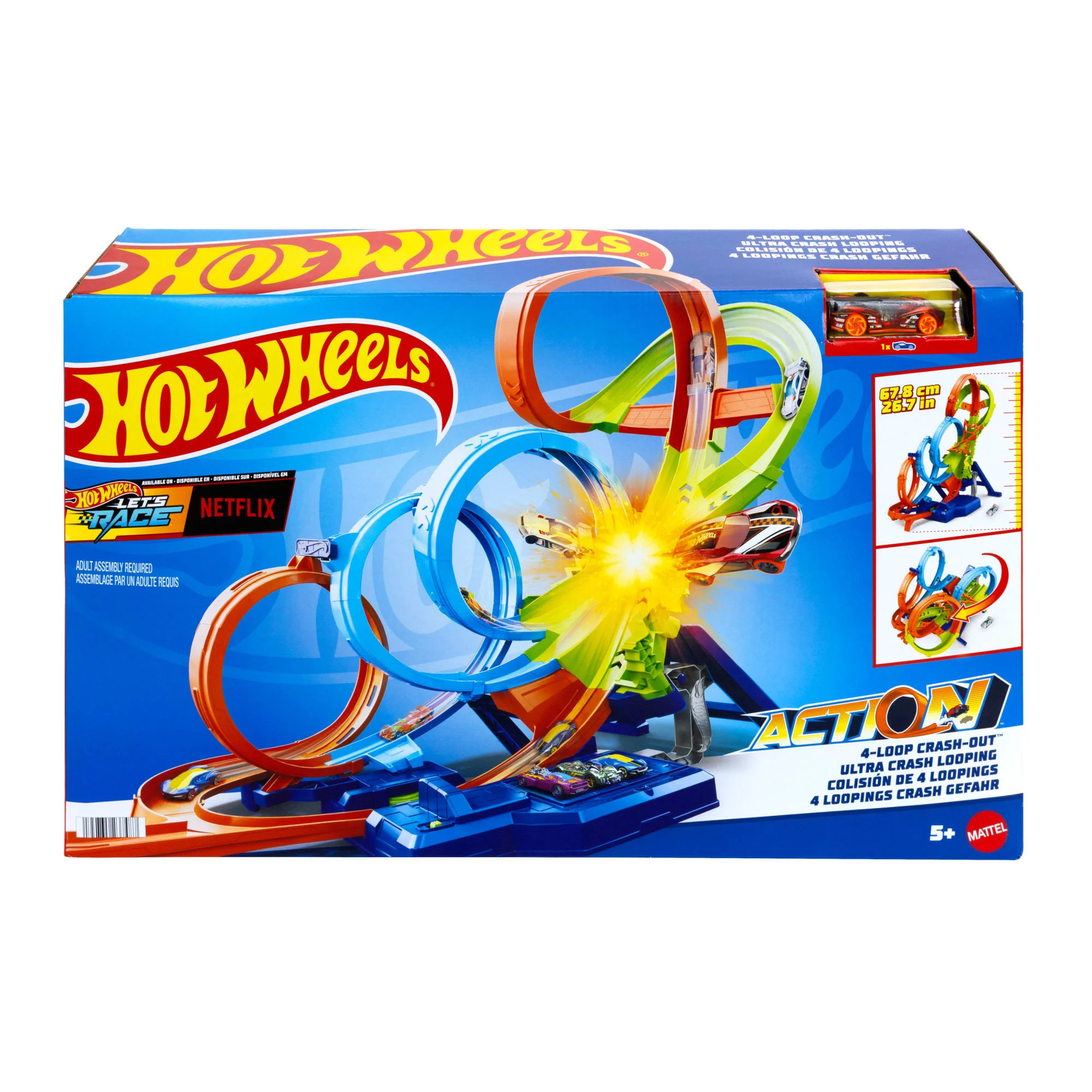 Hot Wheels Action 4-Loop Crash Out Track Set With Motorized Booster & 1:64 Scale Toy Car