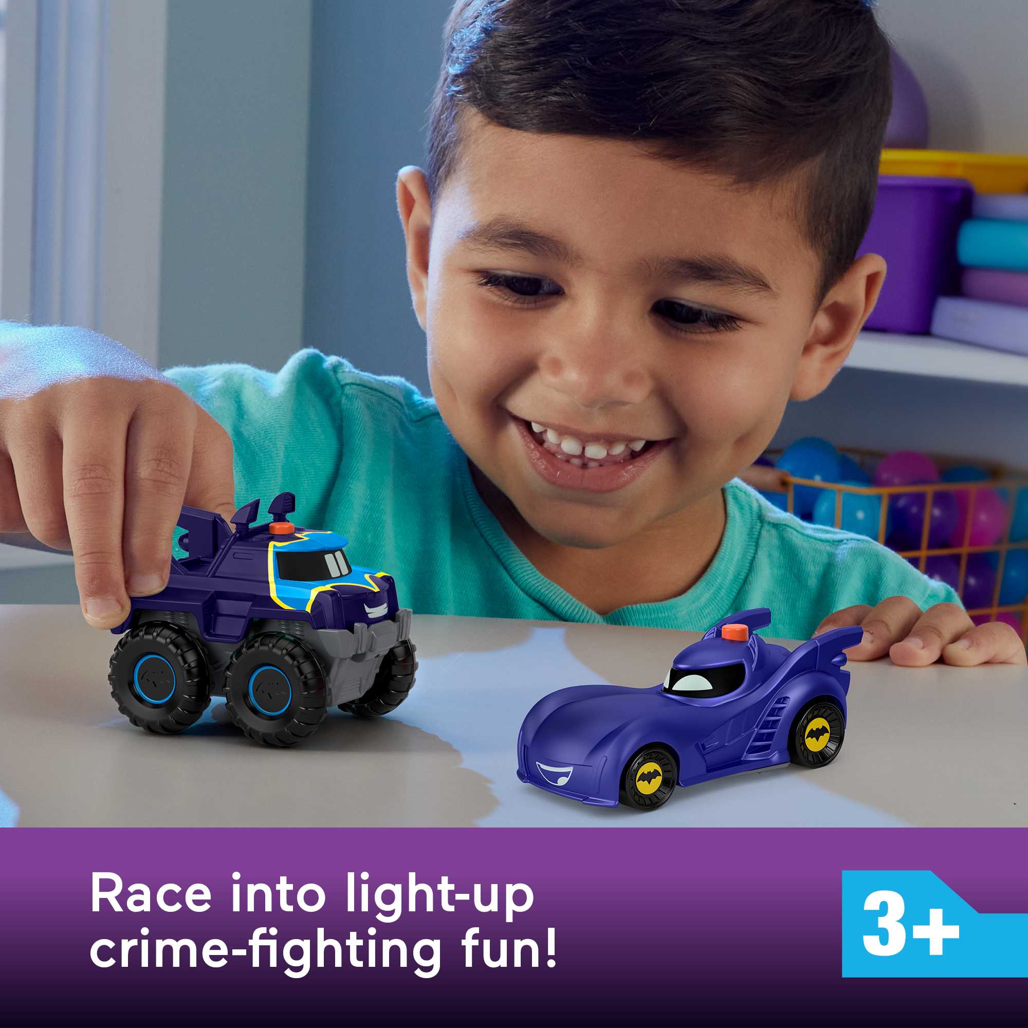 Fisher-Price DC Batwheels Light-Up 1:55 Scale Toy Cars, Bam The Batmobile & Buff, 2 Pieces