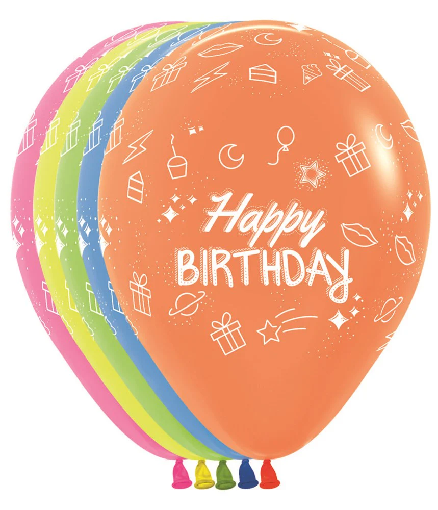 11 inch Sempertex Happy Birthday Neon Party Latex Balloons All Over Print 50ct