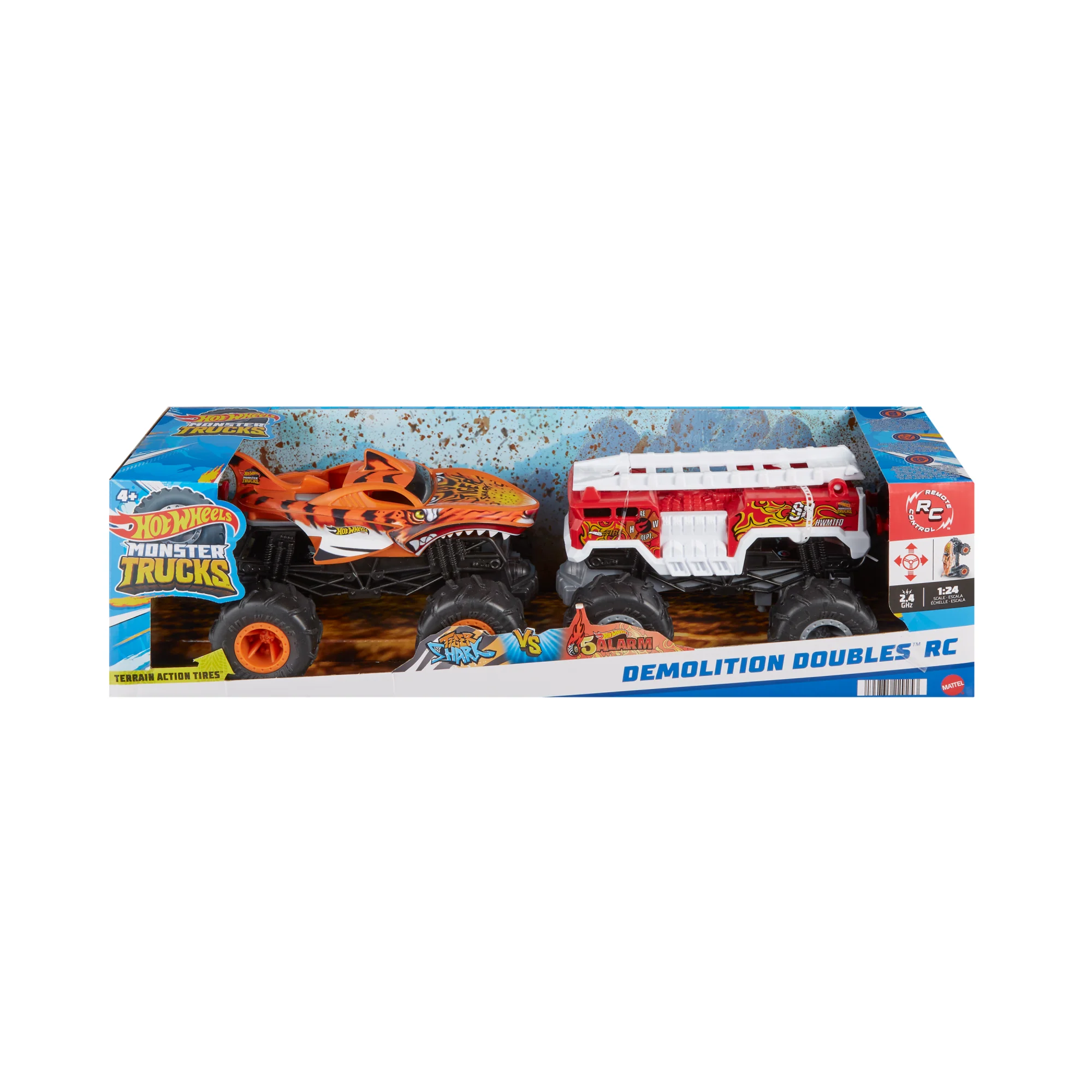 Hot Wheels Monster Trucks 1:24 Scale Battery-Powered RC Trucks, 5-Alarm & Tiger Shark, Set Of 2