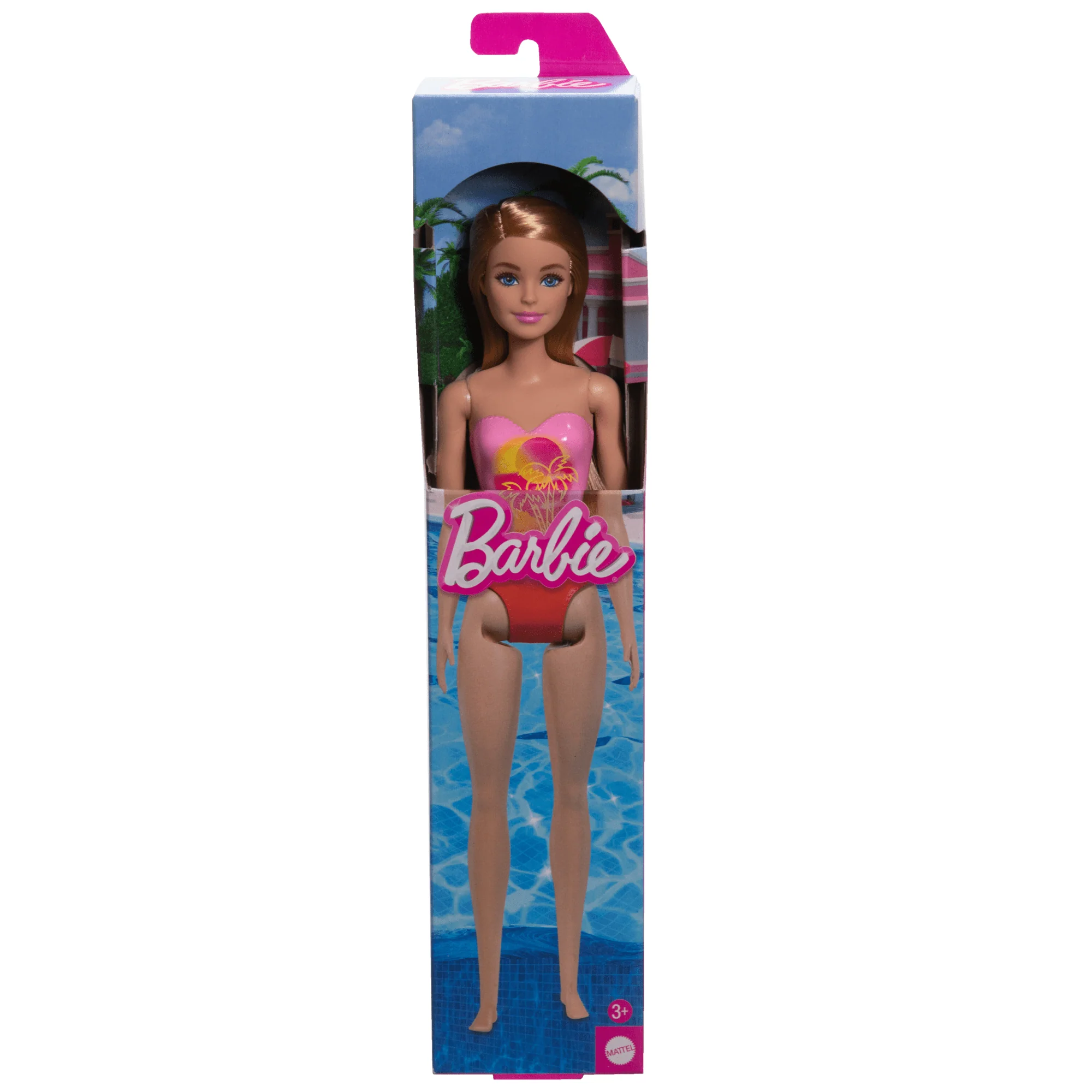 Beach Barbie Doll With Blond Hair Wearing Pink Palm Tree-Print Swimsuit