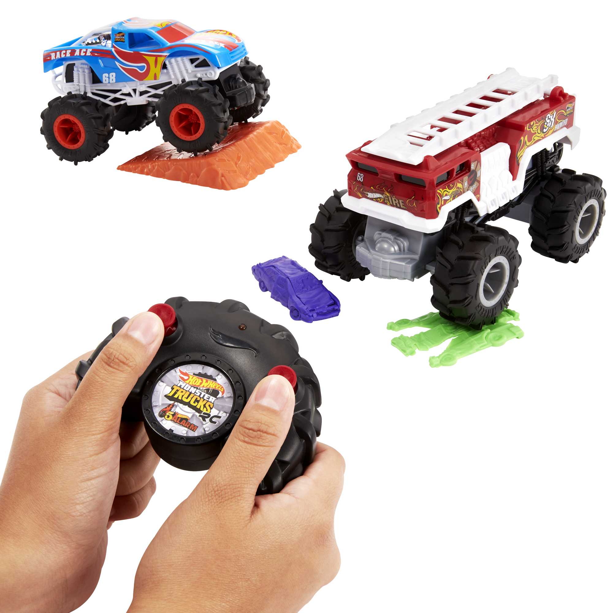 Hot Wheels RC Monster Trucks 2-Pack, RC Race Ace & 5-Alarm Vehicles