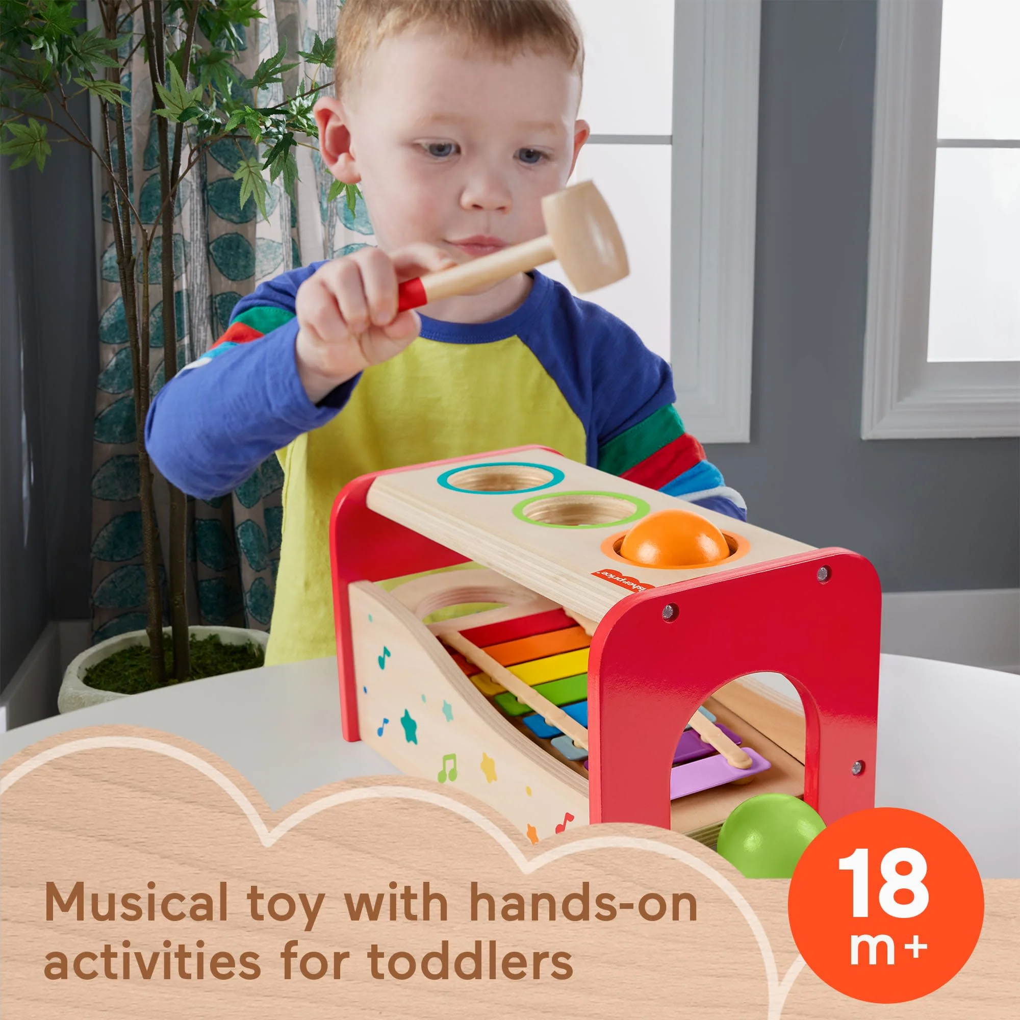 Fisher-Price Wooden Pound & Tap Bench Xylophone Toddler Musical instrument Toy, 6 Wood Pieces