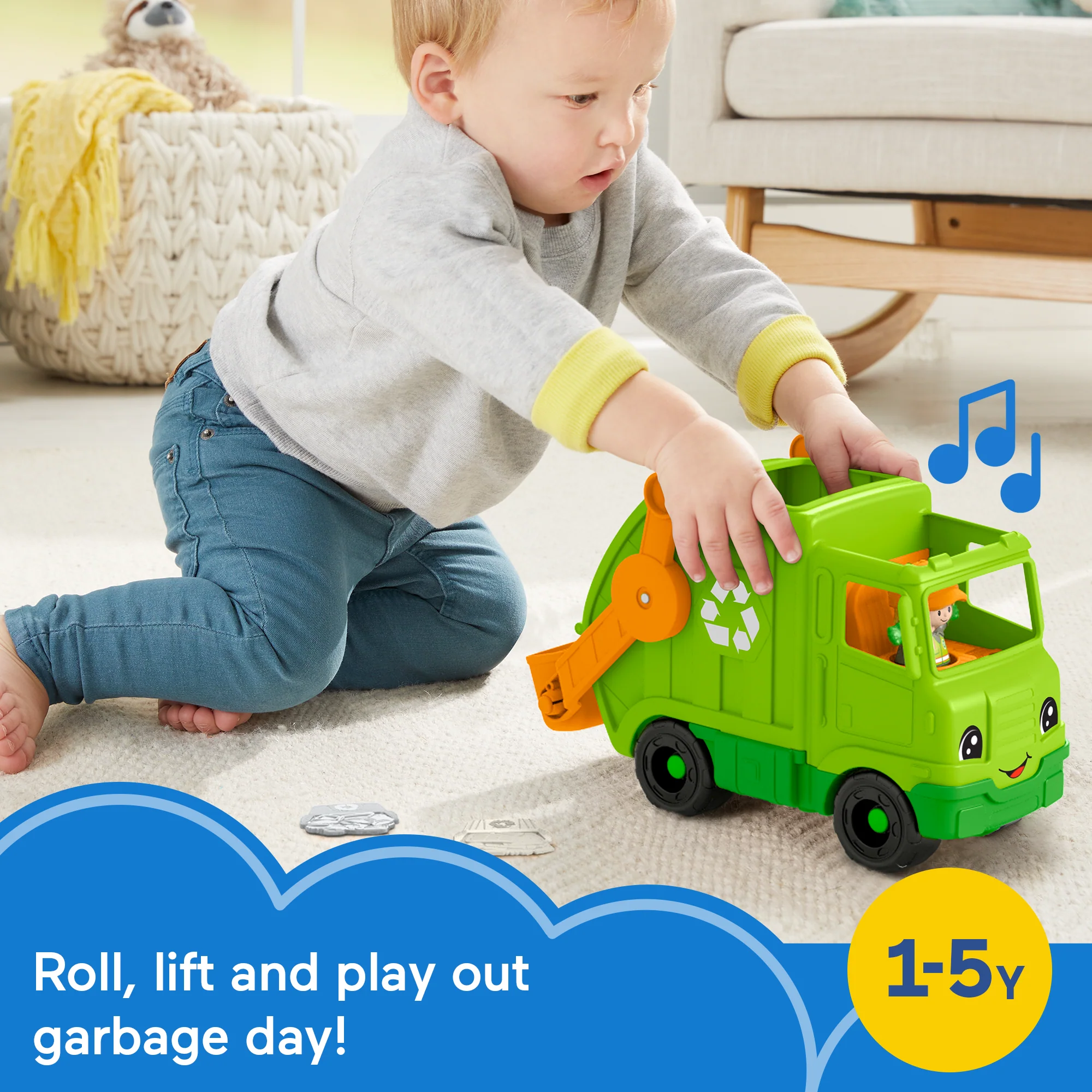 Fisher-Price Little People Recycling Truck Musical Toddler Garbage Toy Set, 5 Pieces