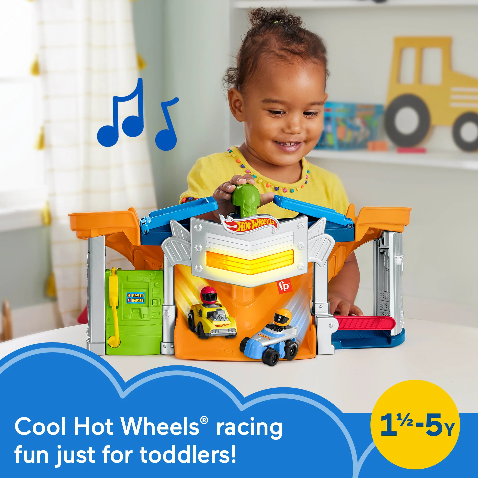 Fisher-Price Little People Hot Wheels Race Track For Toddlers, Race And Go Track Set, 2 Cars
